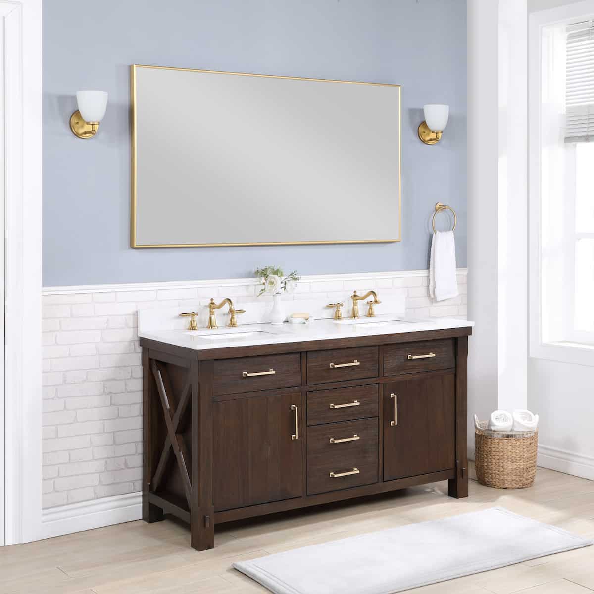 Vinnova Viella 60 Inch Double Sink Bath Vanity in Deep Walnut with White Composite Countertop With Mirror Side 701860-DW-WS