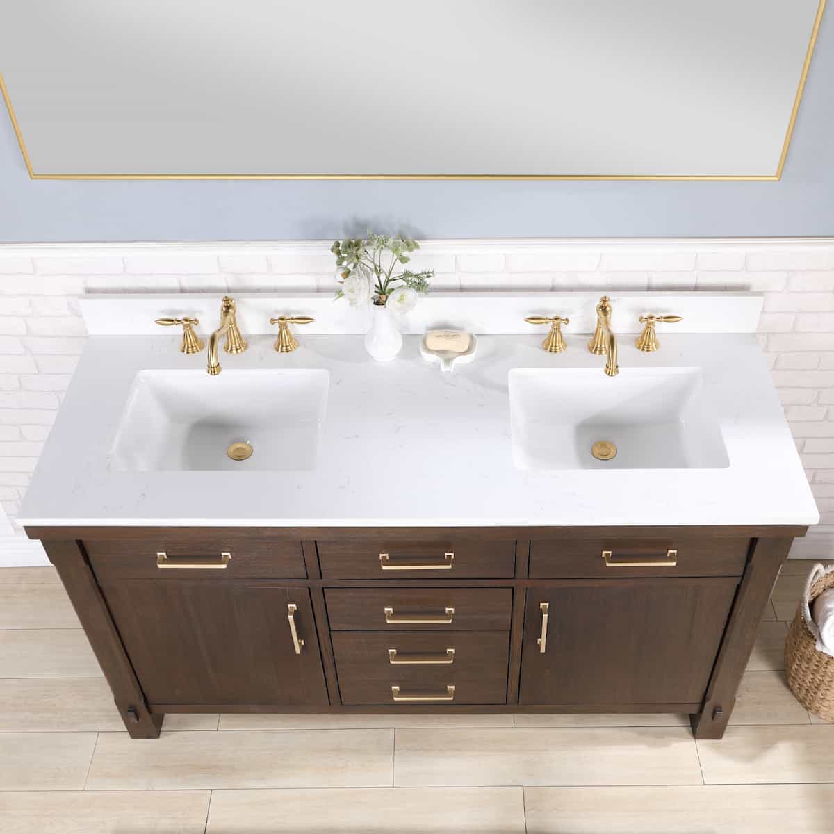 Vinnova Viella 60 Inch Double Sink Bath Vanity in Deep Walnut with White Composite Countertop With Mirror Sinks 701860-DW-WS
