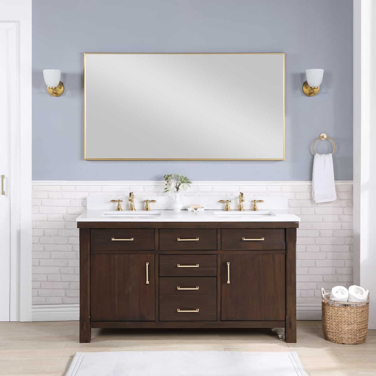 Vinnova Viella 60 Inch Double Sink Bath Vanity in Deep Walnut with White Composite Countertop With Mirror in Bathroom 701860-DW-WS