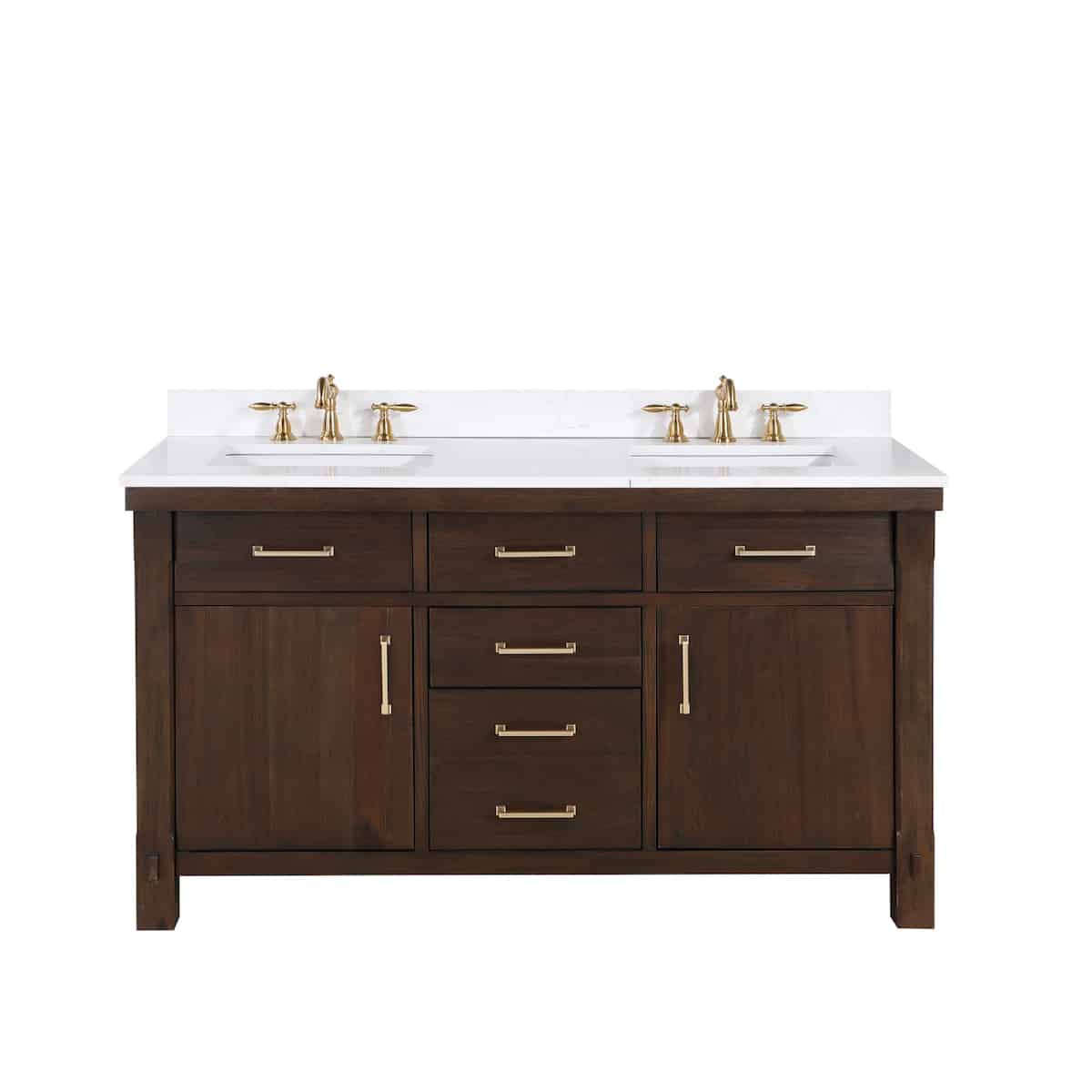 Vinnova Viella 60 Inch Double Sink Bath Vanity in Deep Walnut with White Composite Countertop Without Mirror 701860-DW-WS-NM