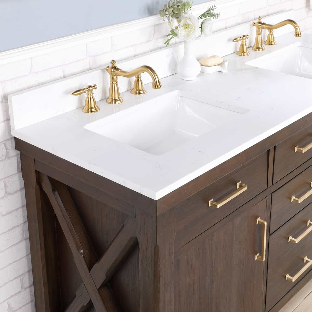 Vinnova Viella 60 Inch Double Sink Bath Vanity in Deep Walnut with White Composite Countertop Without Mirror Counter Top 701860-DW-WS-NM