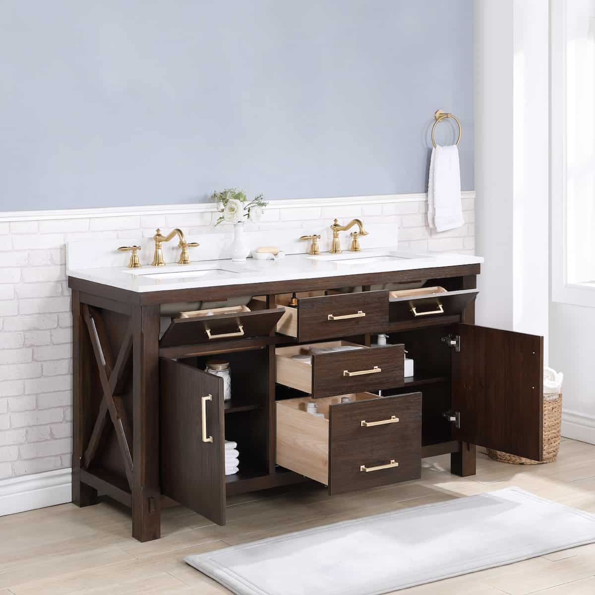 Vinnova Viella 60 Inch Double Sink Bath Vanity in Deep Walnut with White Composite Countertop Without Mirror Inside 701860-DW-WS-NM