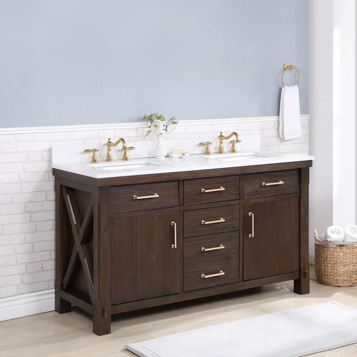 Vinnova Viella 60 Inch Double Sink Bath Vanity in Deep Walnut with White Composite Countertop Without Mirror Side 701860-DW-WS-NM