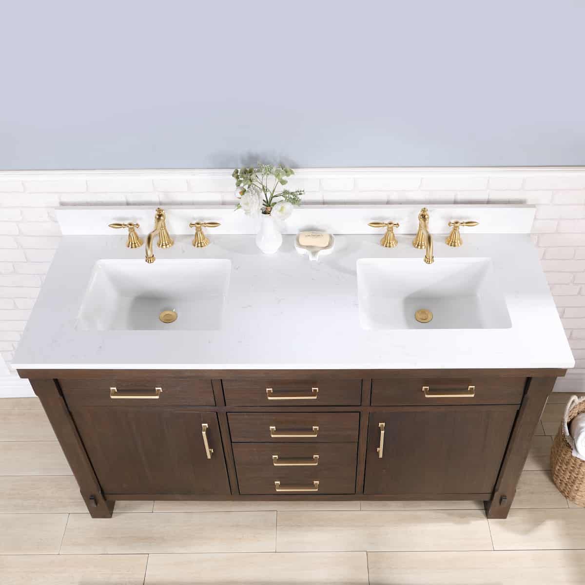 Vinnova Viella 60 Inch Double Sink Bath Vanity in Deep Walnut with White Composite Countertop Without Mirror Sinks 701860-DW-WS-NM