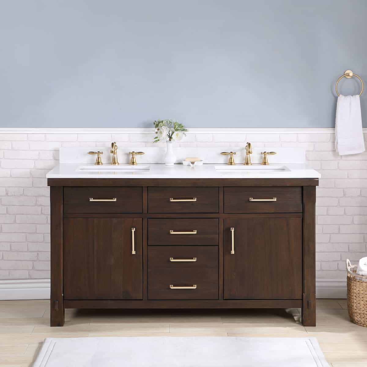 Vinnova Viella 60 Inch Double Sink Bath Vanity in Deep Walnut with White Composite Countertop Without Mirror in Bathroom 701860-DW-WS-NM