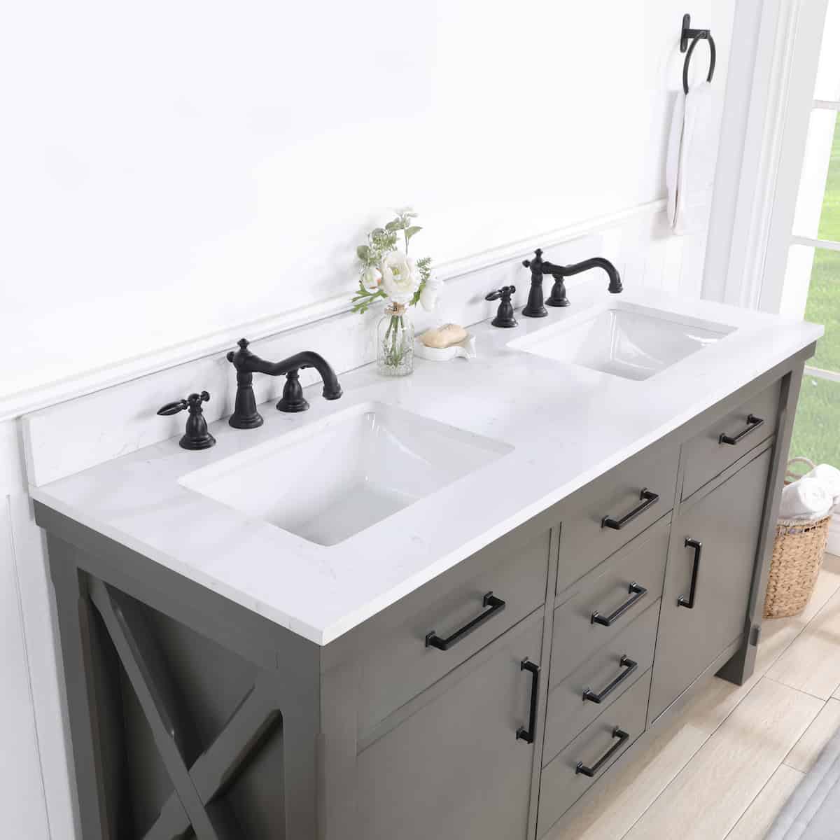 Vinnova Viella 60 Inch Double Sink Bath Vanity in Rust Grey Finish with White Composite Countertop Without Mirror Counter Top 701860-RU-WS-NM