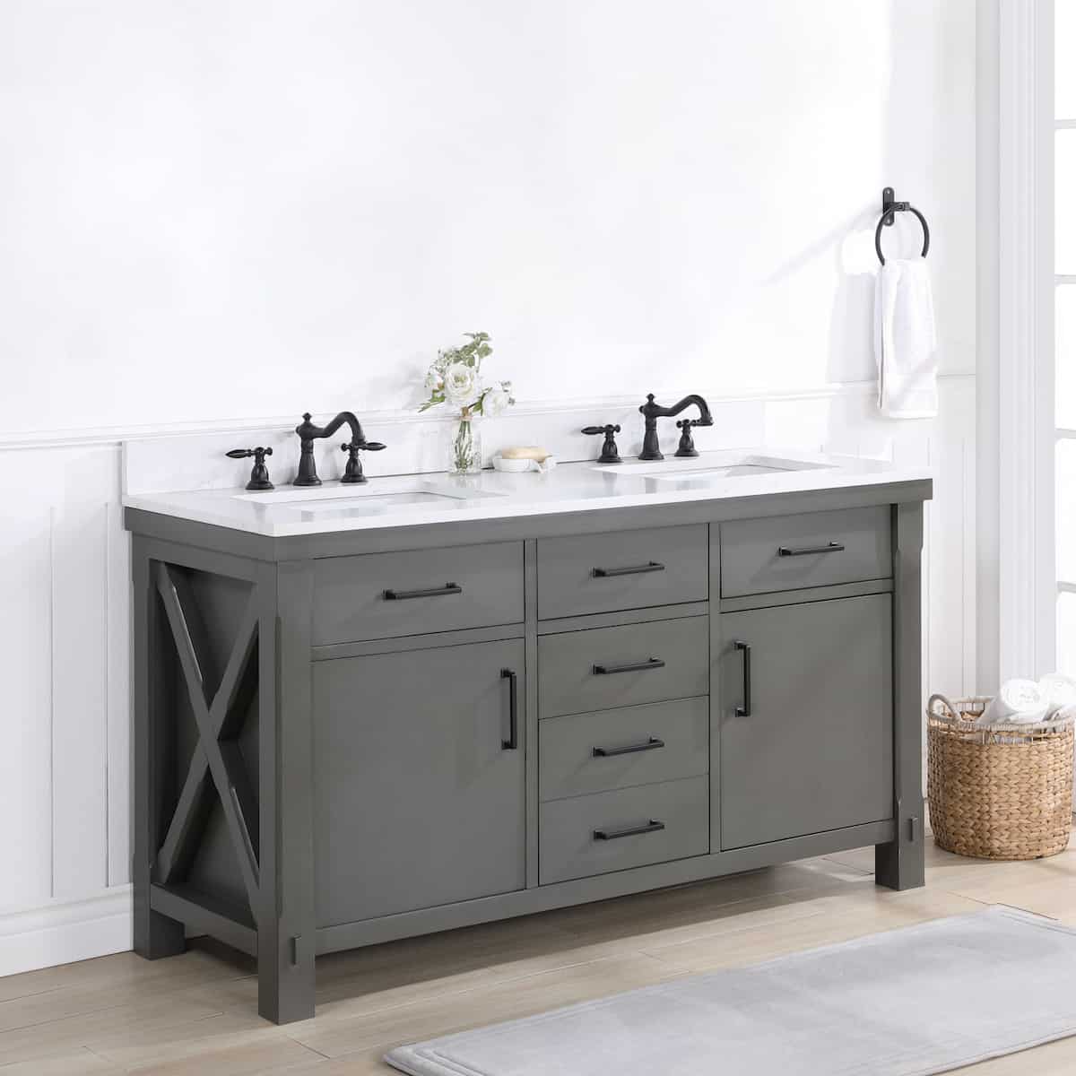 Vinnova Viella 60 Inch Double Sink Bath Vanity in Rust Grey Finish with White Composite Countertop Without Mirror Side 701860-RU-WS-NM