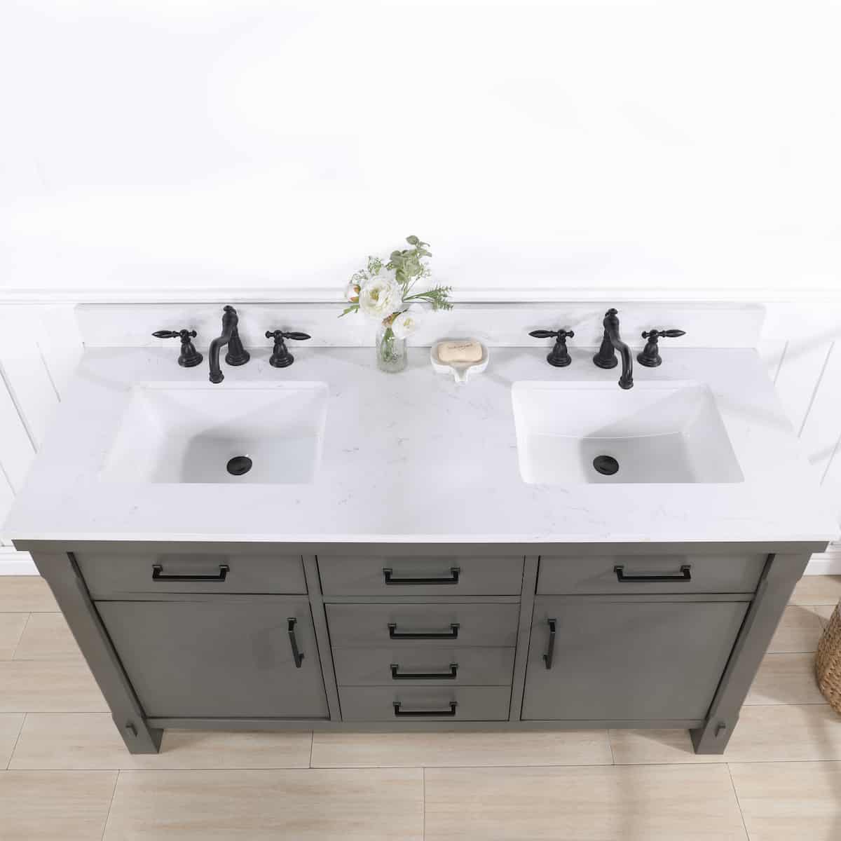 Vinnova Viella 60 Inch Double Sink Bath Vanity in Rust Grey Finish with White Composite Countertop Without Mirror Sinks 701860-RU-WS-NM