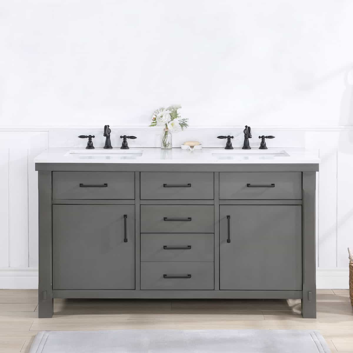 Vinnova Viella 60 Inch Double Sink Bath Vanity in Rust Grey Finish with White Composite Countertop Without Mirror in Bathroom 701860-RU-WS-NM
