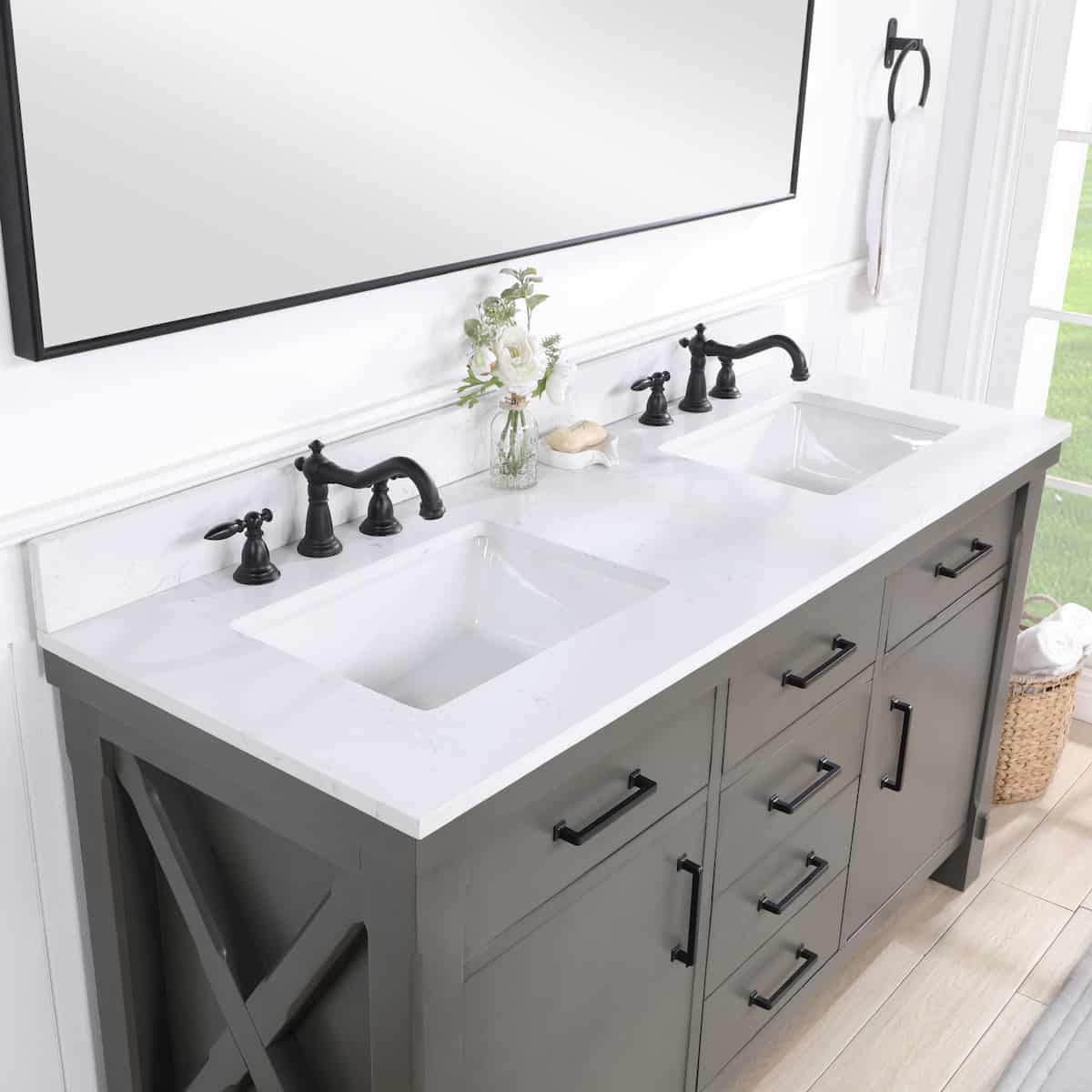 Vinnova Viella 60 Inch Freestanding Double Sink Bath Vanity in Rust Grey Finish with White Composite Countertop With Mirror Counter Top 701860-RU-WS