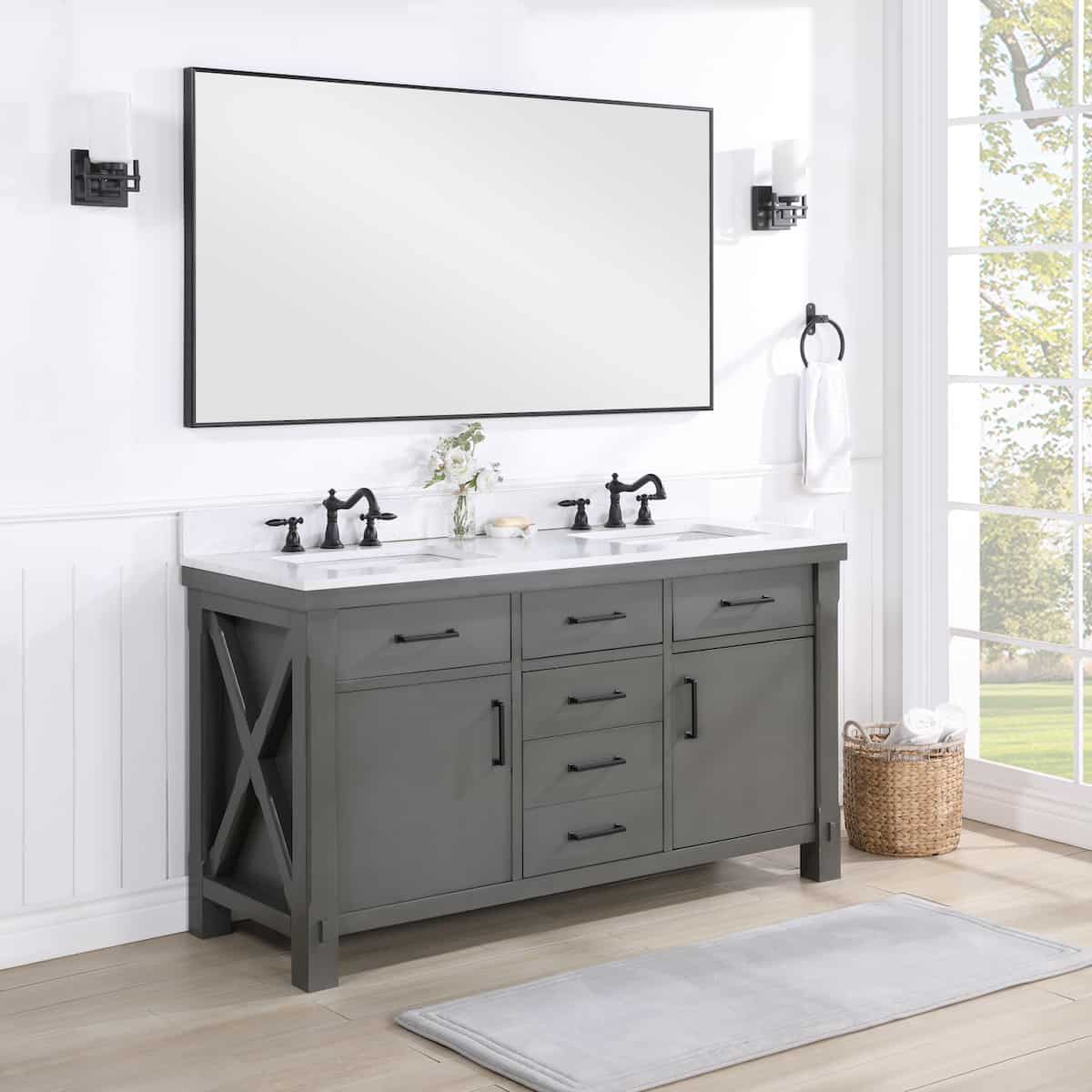 Vinnova Viella 60 Inch Freestanding Double Sink Bath Vanity in Rust Grey Finish with White Composite Countertop With Mirror Side 701860-RU-WS