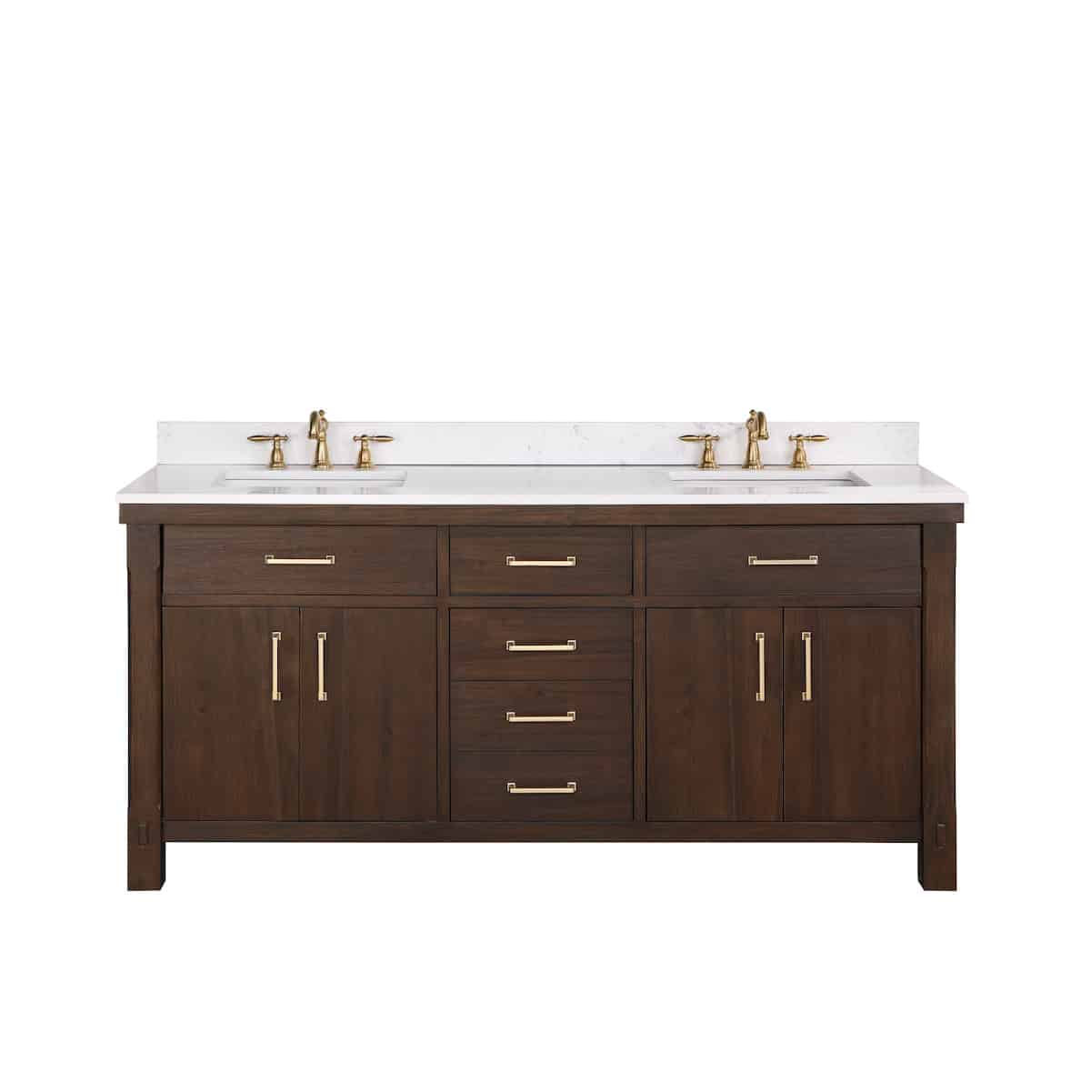 Vinnova Viella 72 Inch Freestanding Double Sink Bath Vanity in Deep Walnut Finish with White Composite Countertop Without Mirror 701872-DW-WS-NM