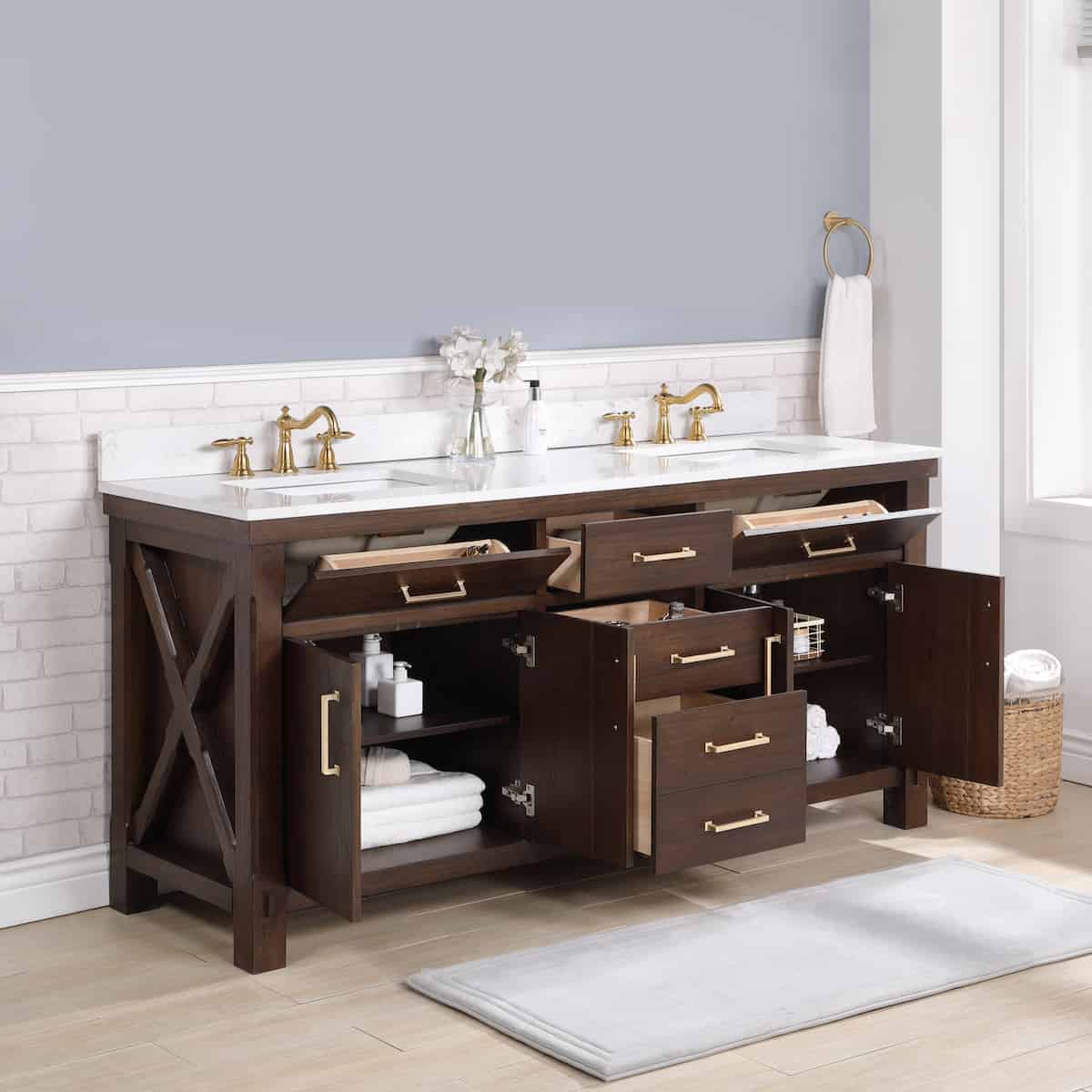 Vinnova Viella 72 Inch Freestanding Double Sink Bath Vanity in Deep Walnut Finish with White Composite Countertop Without Mirror Inside 701872-DW-WS-NM