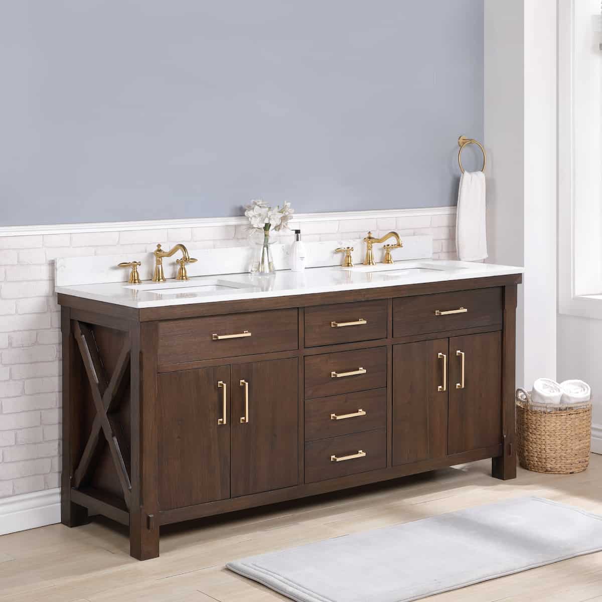 Vinnova Viella 72 Inch Freestanding Double Sink Bath Vanity in Deep Walnut Finish with White Composite Countertop Without Mirror Side 701872-DW-WS-NM