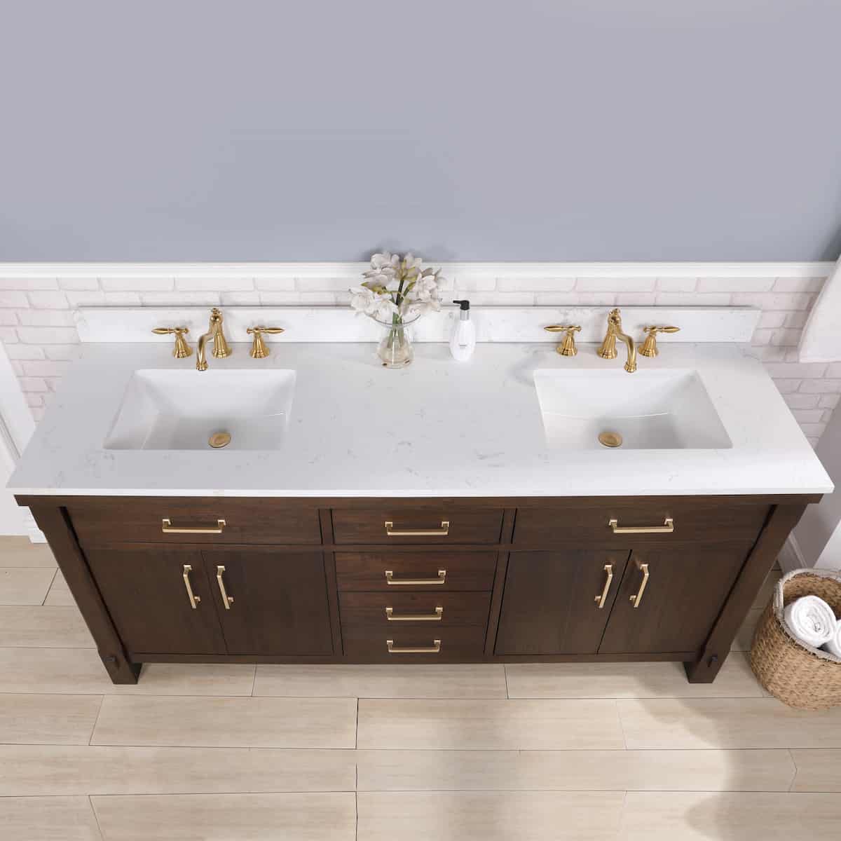 Vinnova Viella 72 Inch Freestanding Double Sink Bath Vanity in Deep Walnut Finish with White Composite Countertop Without Mirror Sinks 701872-DW-WS-NM