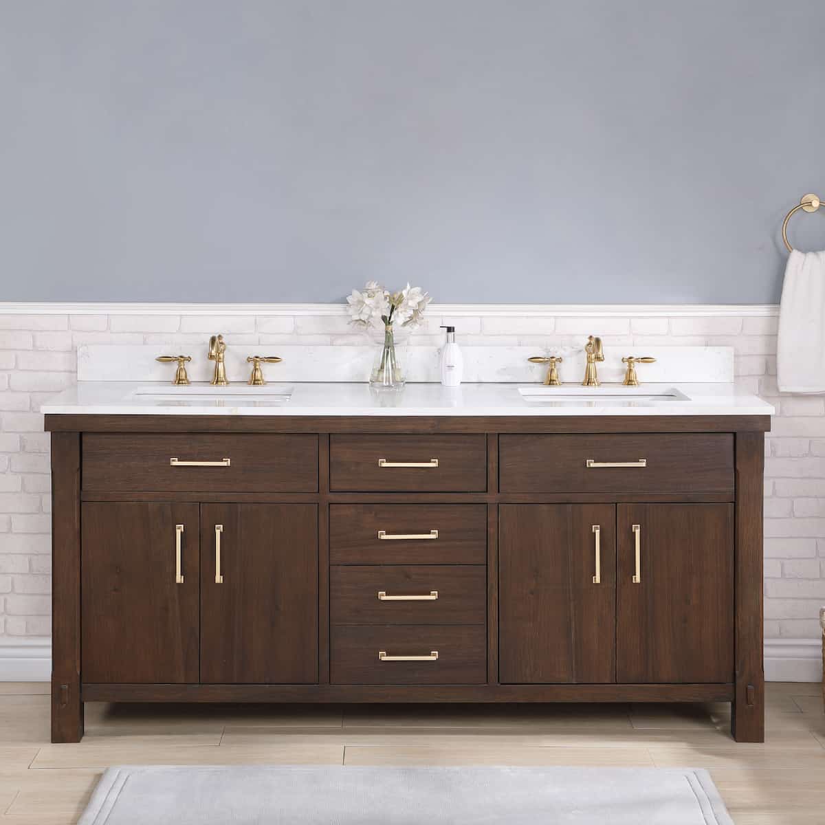 Vinnova Viella 72 Inch Freestanding Double Sink Bath Vanity in Deep Walnut Finish with White Composite Countertop Without Mirror in Bathroom 701872-DW-WS-NM