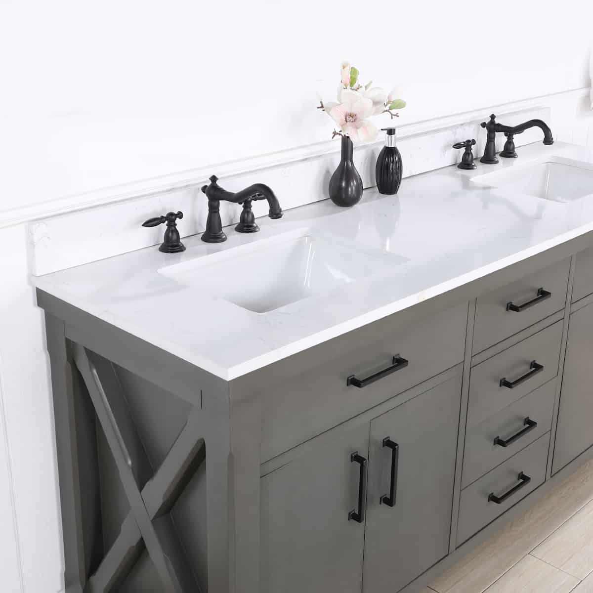Vinnova Viella 72 Inch Freestanding Double Sink Bath Vanity in Rust Grey Finish with White Composite Countertop With Mirror Counter Top 701872-RU-WS