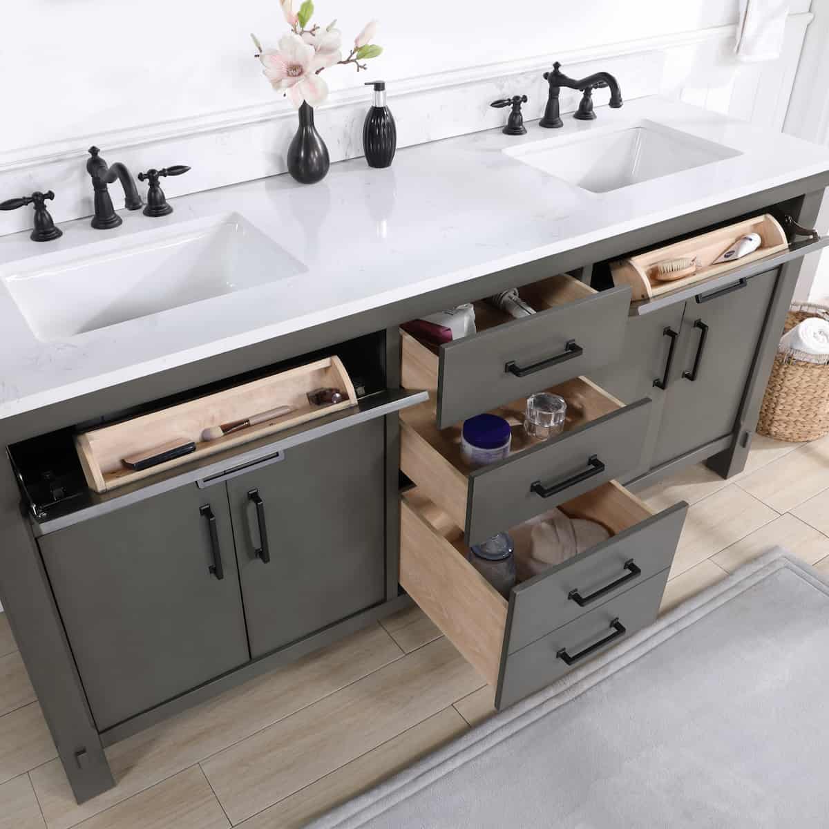 Vinnova Viella 72 Inch Freestanding Double Sink Bath Vanity in Rust Grey Finish with White Composite Countertop With Mirror Drawers 701872-RU-WS
