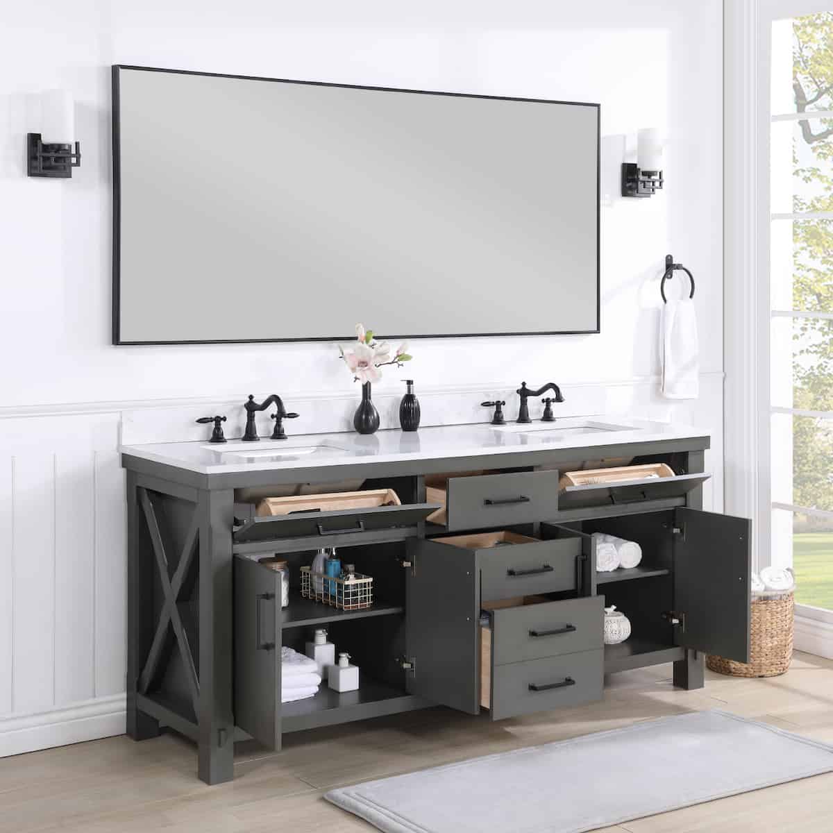 Vinnova Viella 72 Inch Freestanding Double Sink Bath Vanity in Rust Grey Finish with White Composite Countertop With Mirror Inside 701872-RU-WS