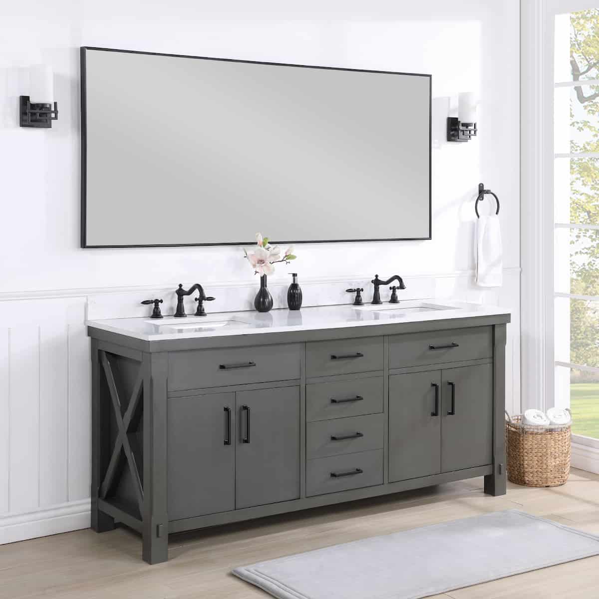 Vinnova Viella 72 Inch Freestanding Double Sink Bath Vanity in Rust Grey Finish with White Composite Countertop With Mirror Side 701872-RU-WS