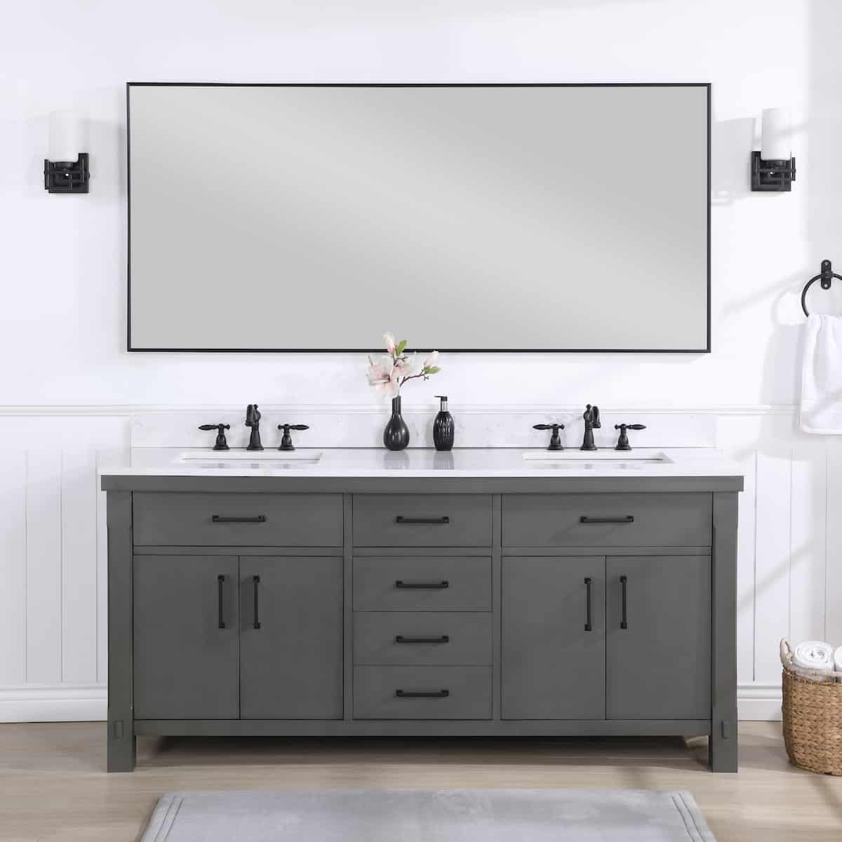 Vinnova Viella 72 Inch Freestanding Double Sink Bath Vanity in Rust Grey Finish with White Composite Countertop With Mirror in Bathroom 701872-RU-WS