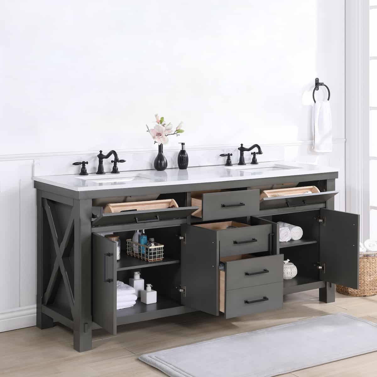 Vinnova Viella 72 Inch Freestanding Double Sink Bath Vanity in Rust Grey Finish with White Composite Countertop Without Mirror Inside 701872-RU-WS-NM