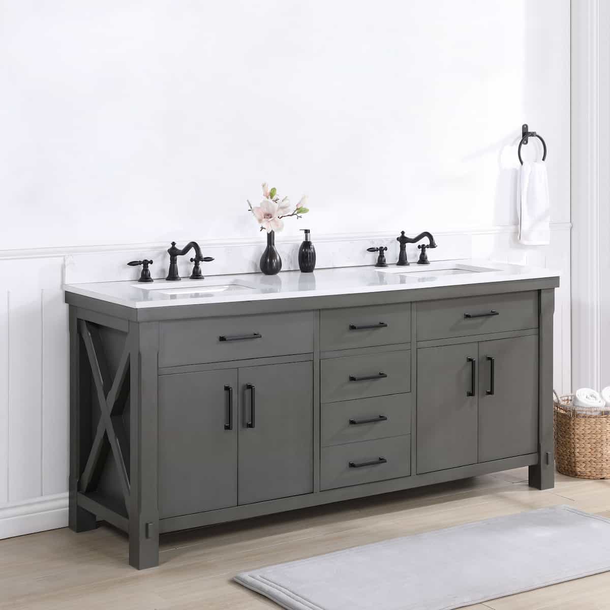 Vinnova Viella 72 Inch Freestanding Double Sink Bath Vanity in Rust Grey Finish with White Composite Countertop Without Mirror Side 701872-RU-WS-NM