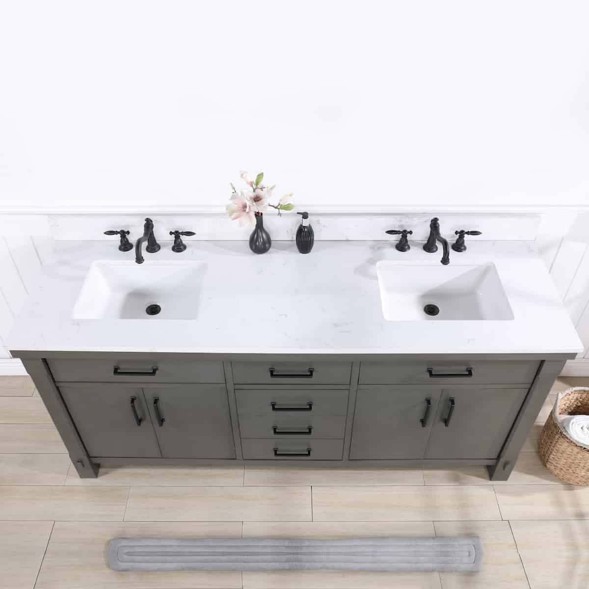 Vinnova Viella 72 Inch Freestanding Double Sink Bath Vanity in Rust Grey Finish with White Composite Countertop Without Mirror Sinks 701872-RU-WS-NM