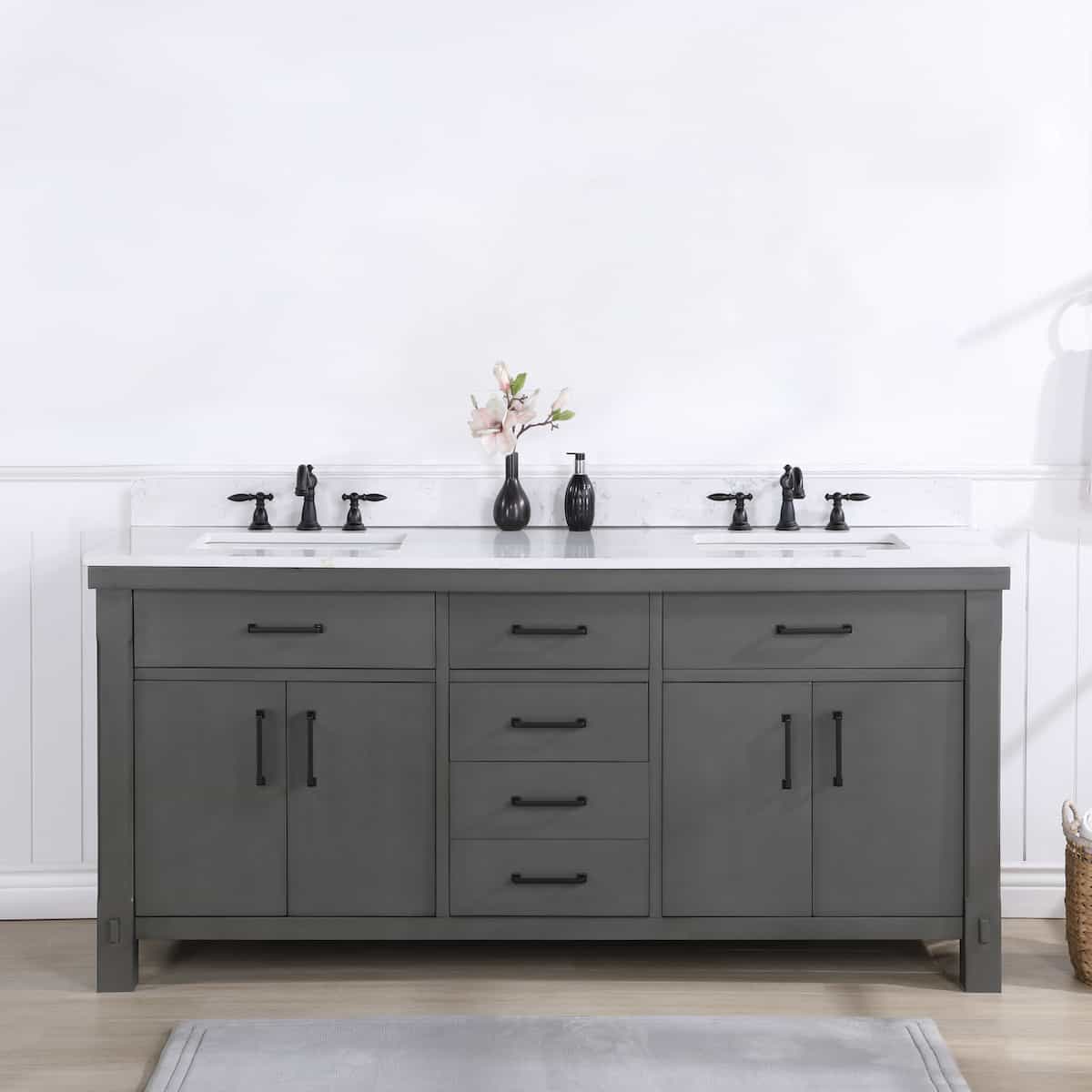 Vinnova Viella 72 Inch Freestanding Double Sink Bath Vanity in Rust Grey Finish with White Composite Countertop Without Mirror in Bathroom 701872-RU-WS-NM