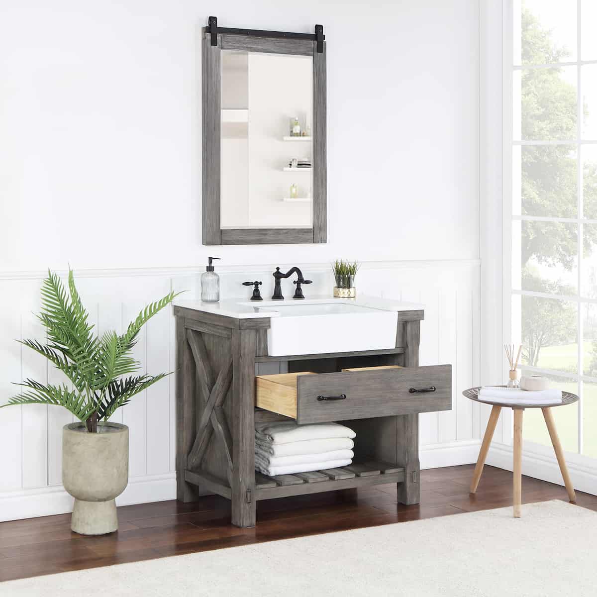 Vinnova-Villareal-36-Inch-Freestanding-Single-Bath-Vanity-in-Classical-Grey-with-Composite-Stone-Top-in-White-with-White-Farmhouse-Basin-With-Mirror-Drawer-701636-CR-GW