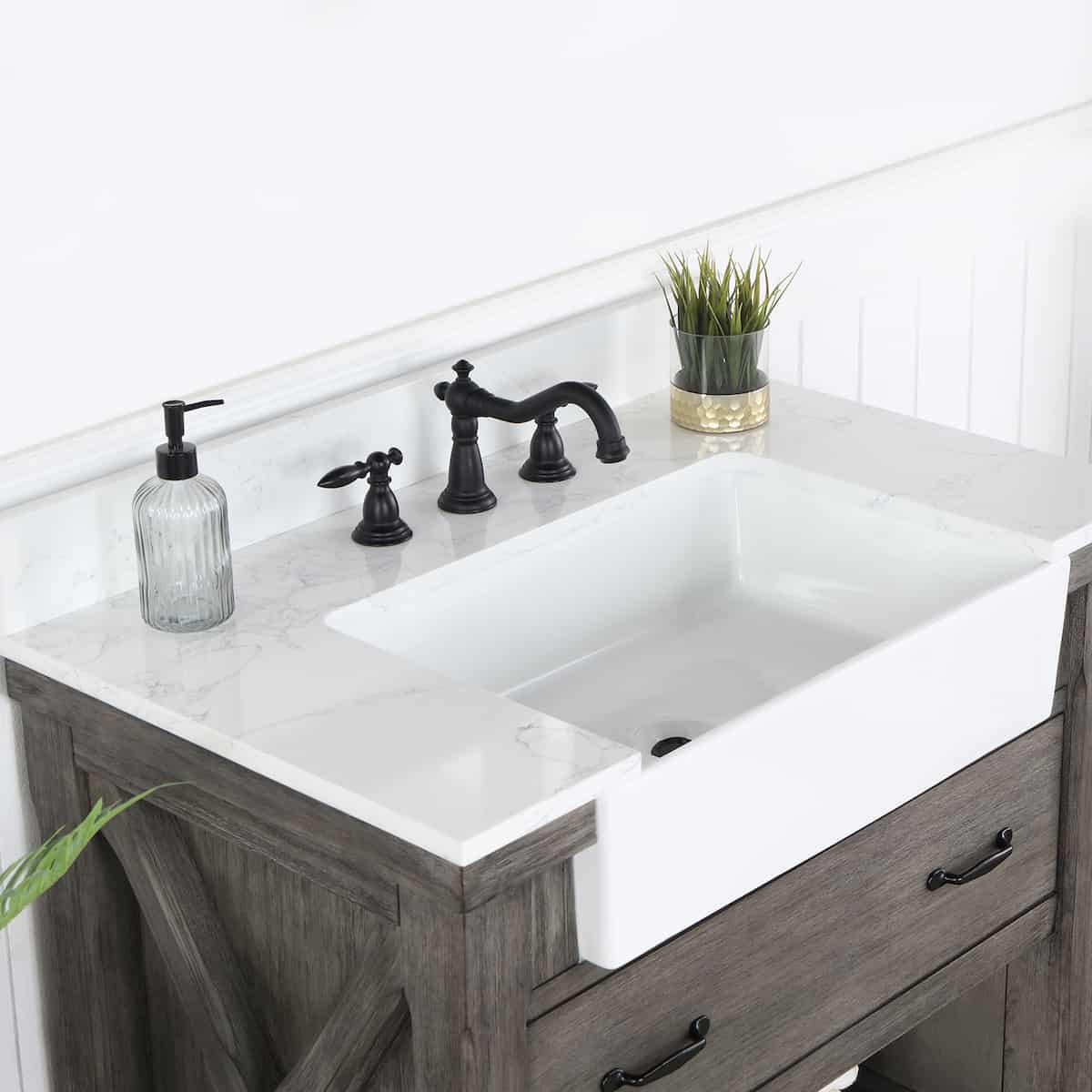 Vinnova Villareal 36 Inch Freestanding Single Bath Vanity in Classical Grey with Composite Stone Top in White with White Farmhouse Basin Without Mirror Counter 701636-CR-GW-NM