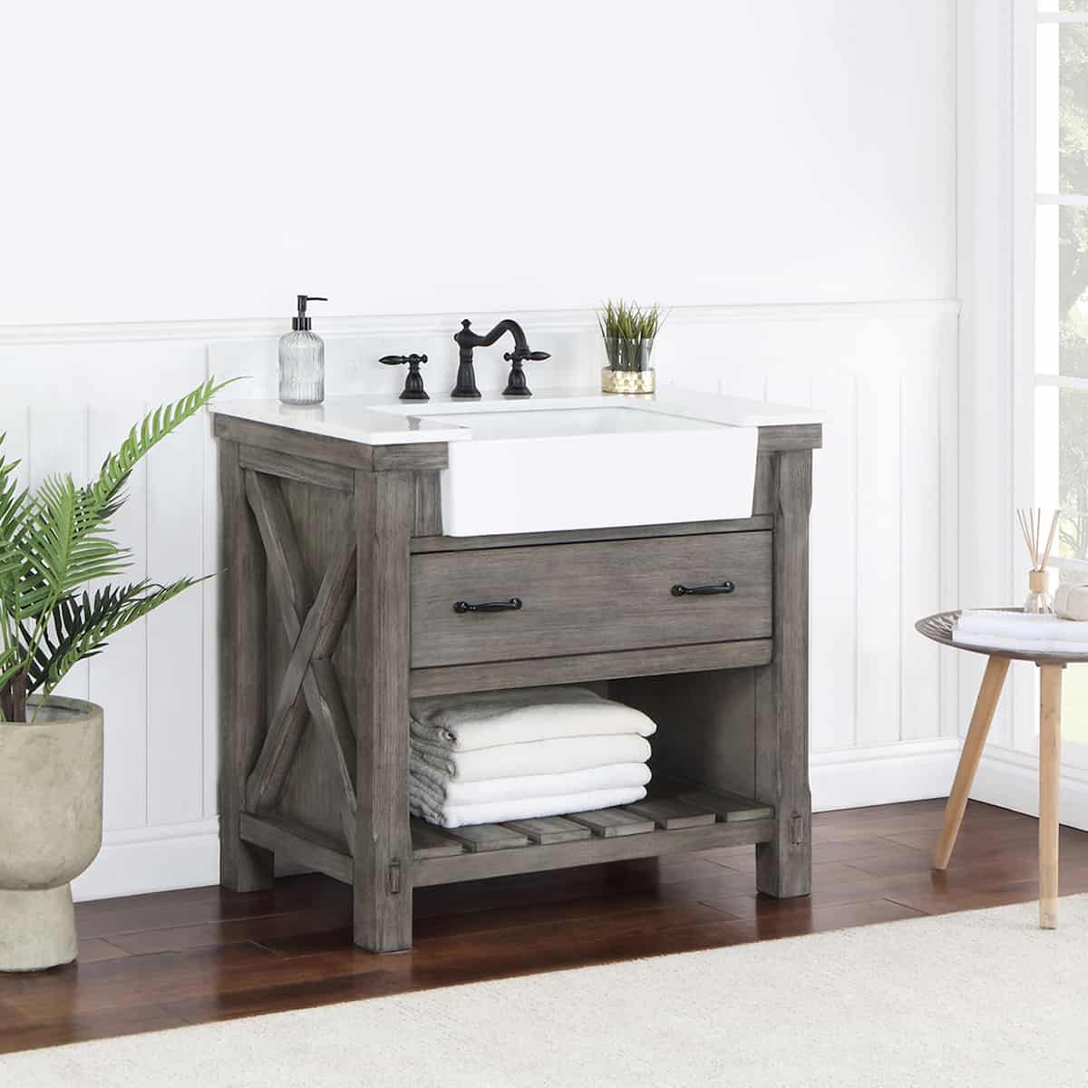 Vinnova Villareal 36 Inch Freestanding Single Bath Vanity in Classical Grey with Composite Stone Top in White with White Farmhouse Basin Without Mirror Side 701636-CR-GW-NM