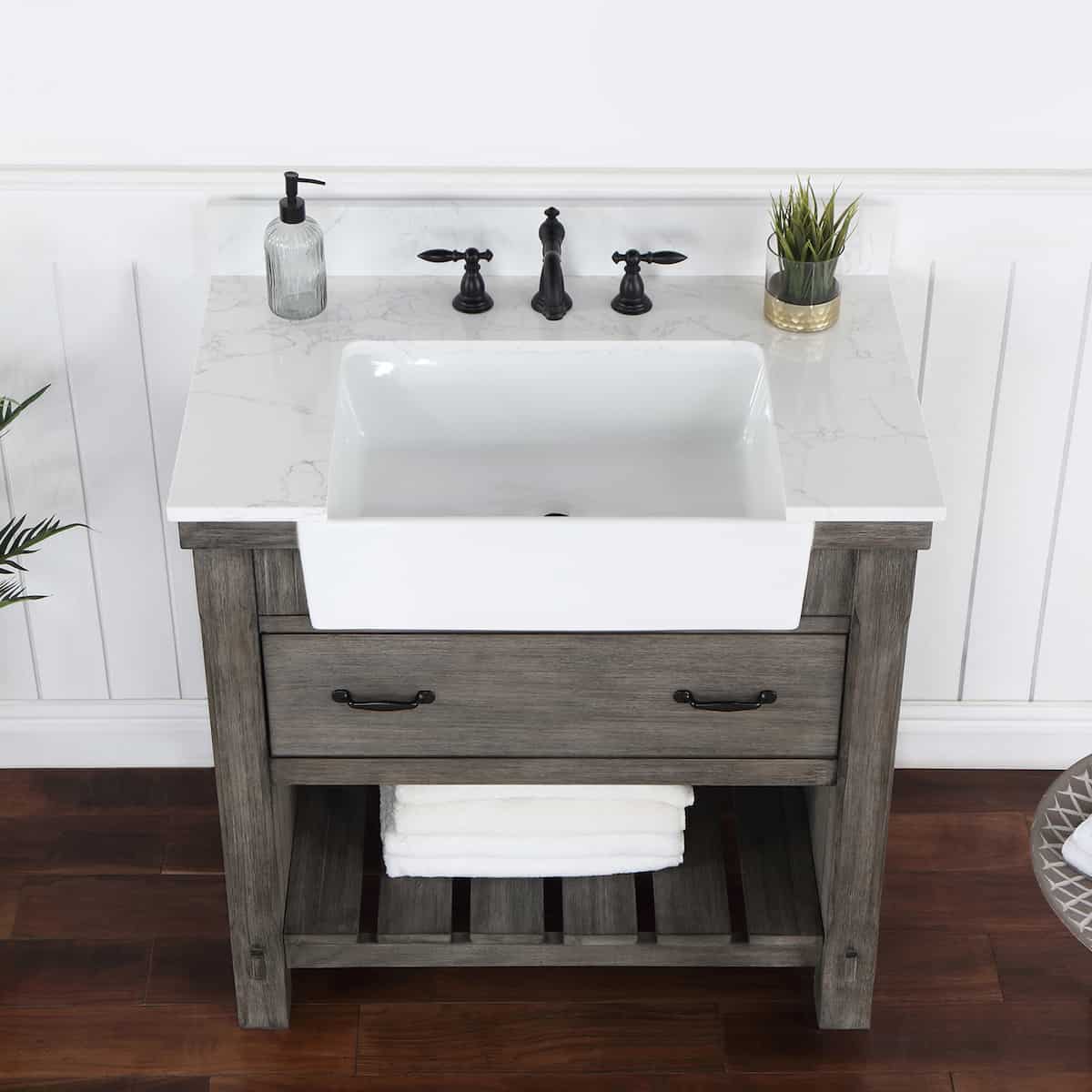 Vinnova Villareal 36 Inch Freestanding Single Bath Vanity in Classical Grey with Composite Stone Top in White with White Farmhouse Basin Without Mirror Sink 701636-CR-GW-NM
