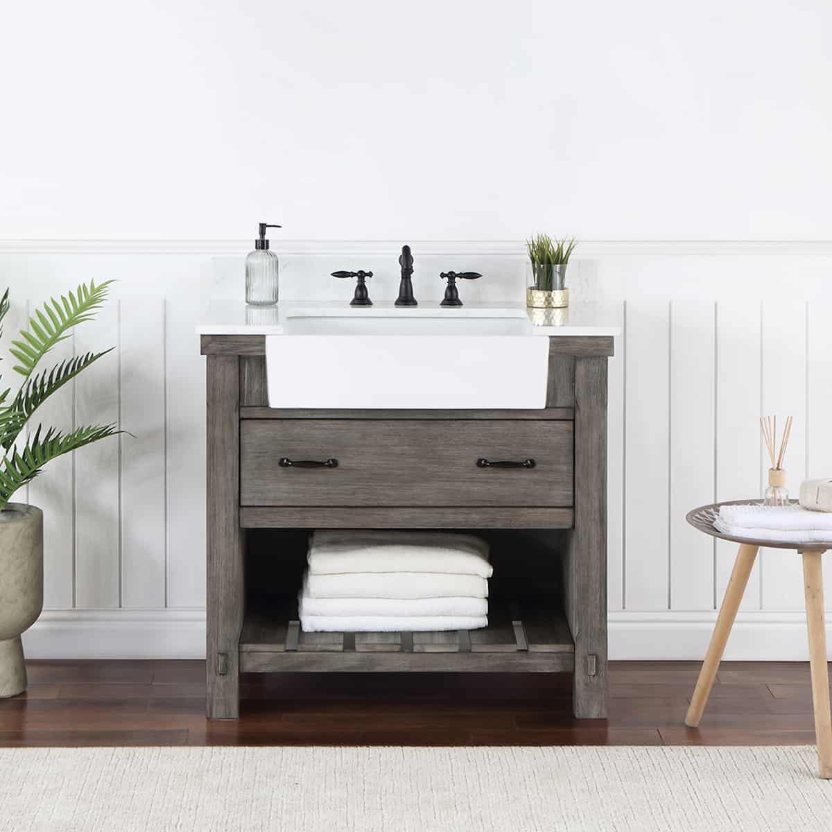 Vinnova Villareal 36 Inch Freestanding Single Bath Vanity in Classical Grey with Composite Stone Top in White with White Farmhouse Basin Without Mirror in Bathroom 701636-CR-GW-NM