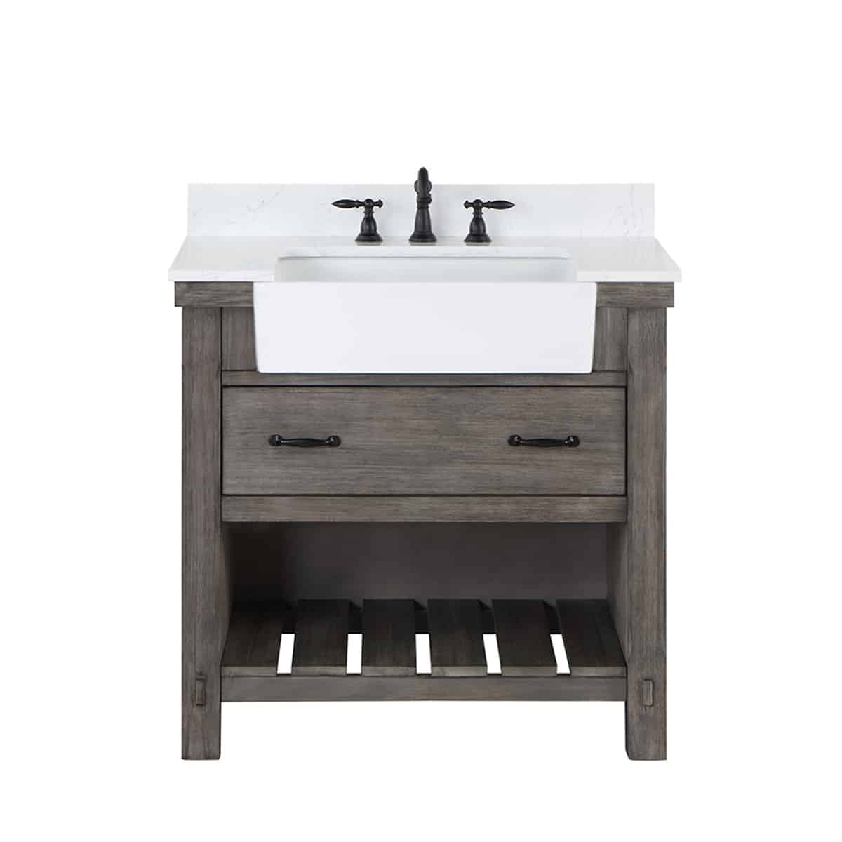 Vinnova Villareal 36 Inch Freestanding Single Bath Vanity in Classical Grey with Composite Stone Top in White with White Farmhouse Basin Without Mirror 701636-CR-GW-NM