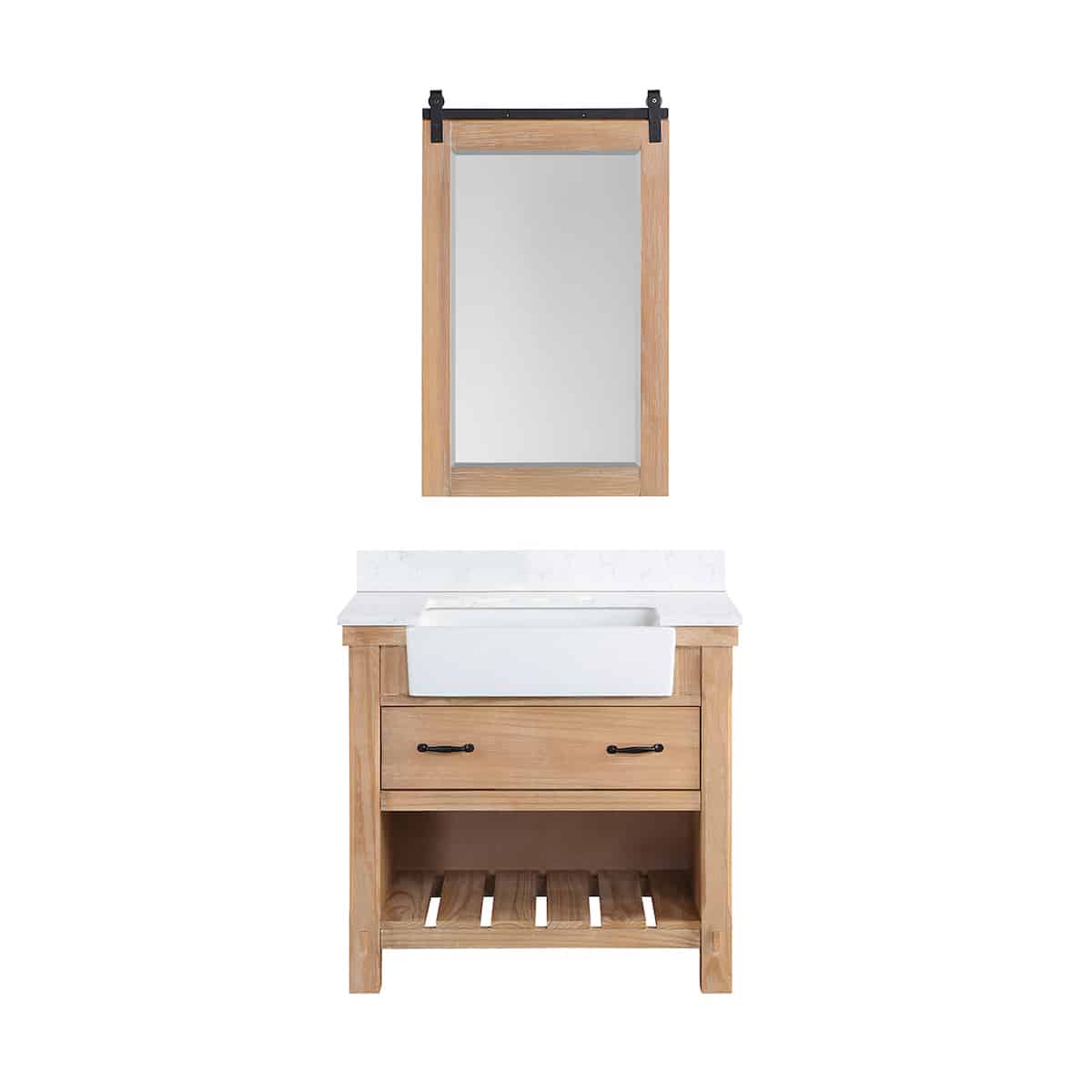Vinnova Villareal 36 Inch Freestanding Single Bath Vanity in Weathered Pine with Composite Stone Top in White with White Farmhouse Basin With Mirror 701636-WP-GW