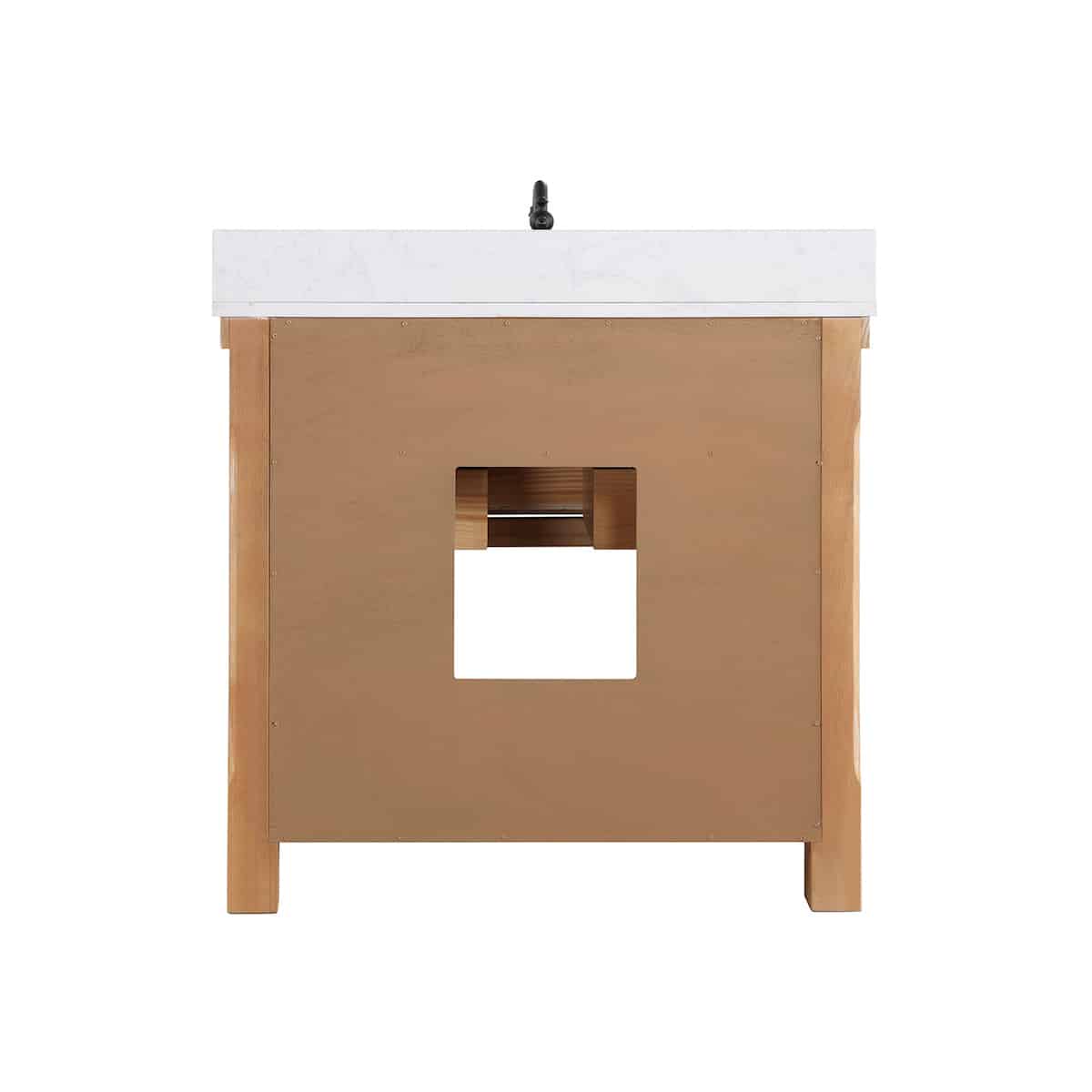 Vinnova Villareal 36 Inch Freestanding Single Bath Vanity in Weathered Pine with Composite Stone Top in White with White Farmhouse Basin With Mirror Back Plumbing 701636-WP-GW