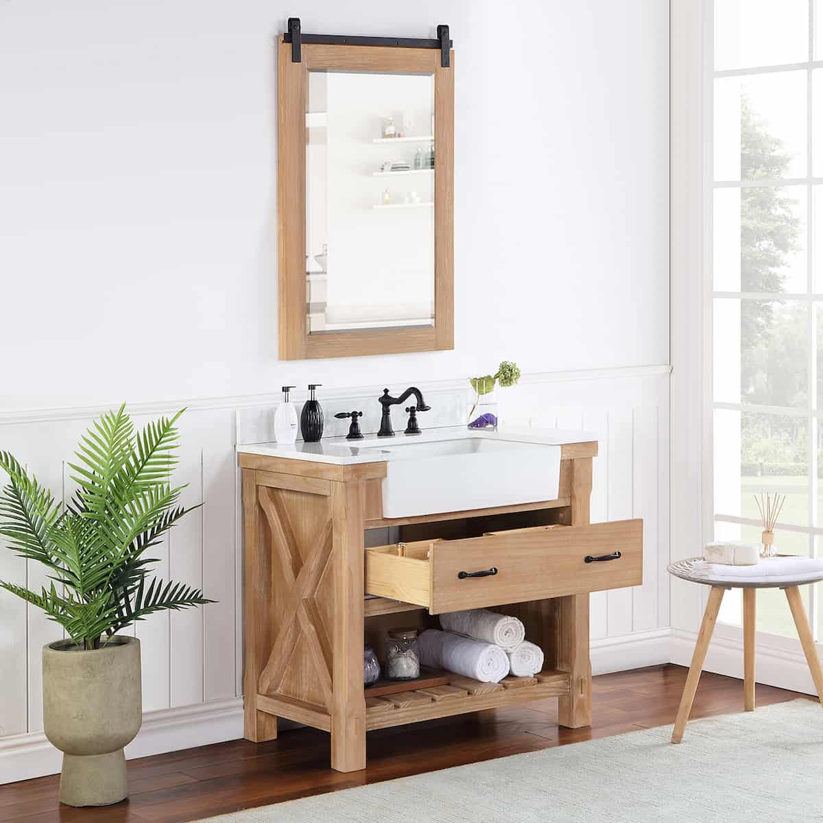 Vinnova Villareal 36 Inch Freestanding Single Bath Vanity in Weathered Pine with Composite Stone Top in White with White Farmhouse Basin With Mirror Drawer 701636-WP-GW