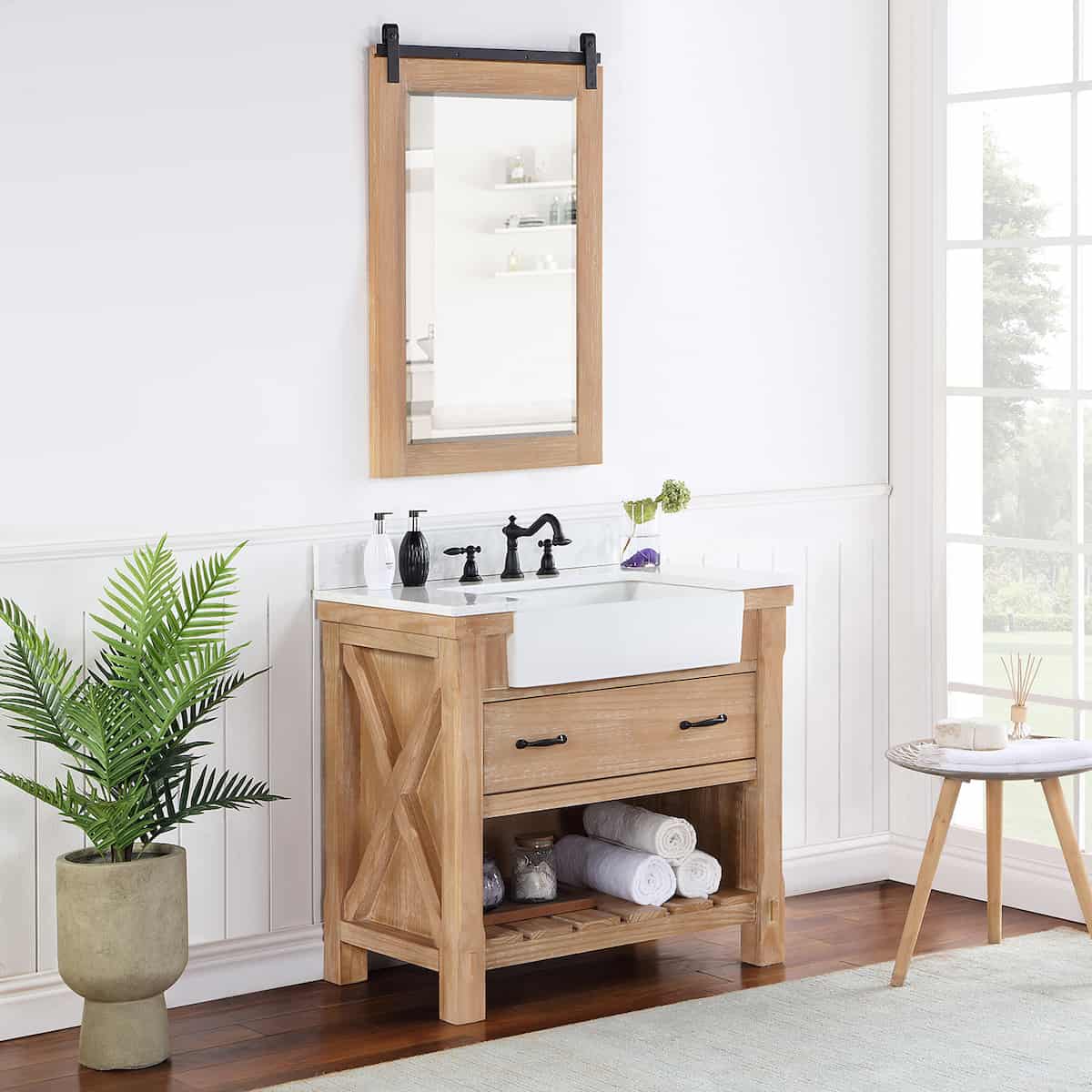 Vinnova Villareal 36 Inch Freestanding Single Bath Vanity in Weathered Pine with Composite Stone Top in White with White Farmhouse Basin With Mirror Side 701636-WP-GW