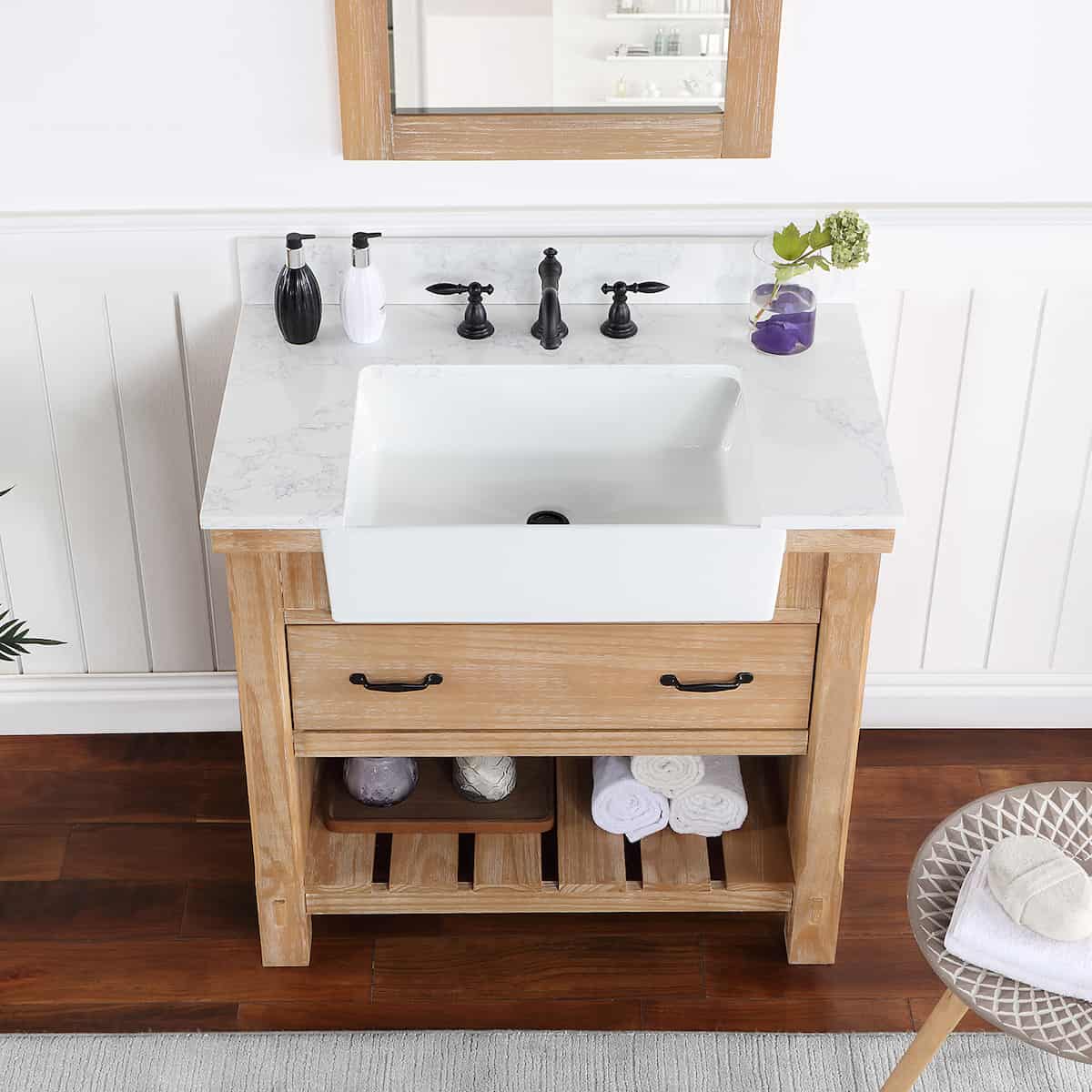 Vinnova Villareal 36 Inch Freestanding Single Bath Vanity in Weathered Pine with Composite Stone Top in White with White Farmhouse Basin With Mirror Sink 701636-WP-GW