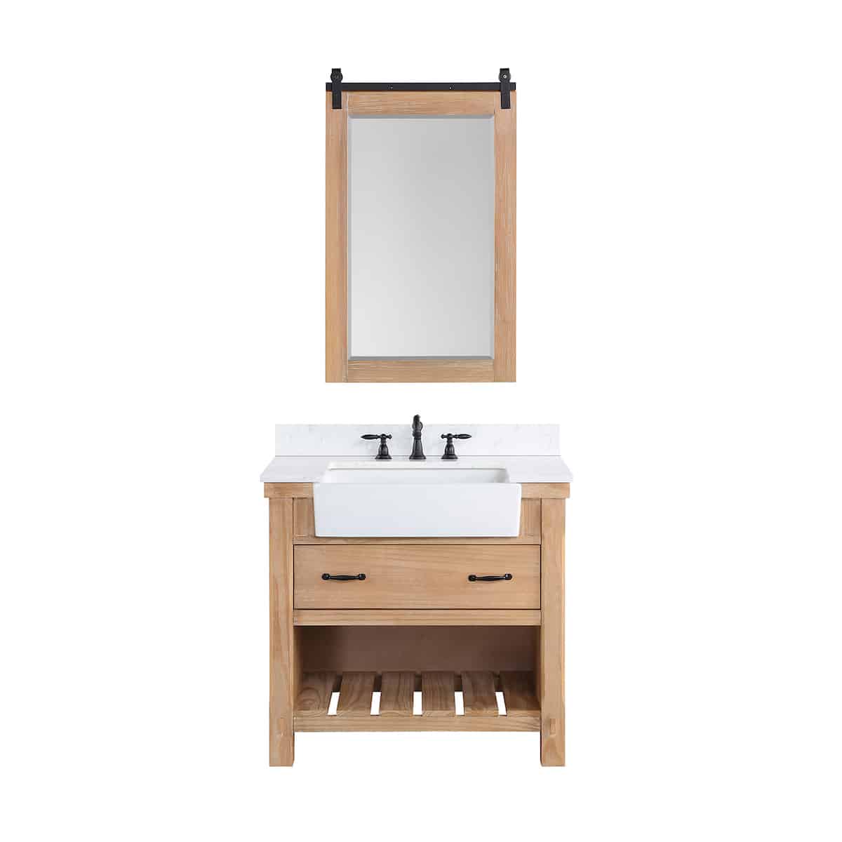 Vinnova Villareal 36 Inch Freestanding Single Bath Vanity in Weathered Pine with Composite Stone Top in White with White Farmhouse Basin With Mirror 701636-WP-GW