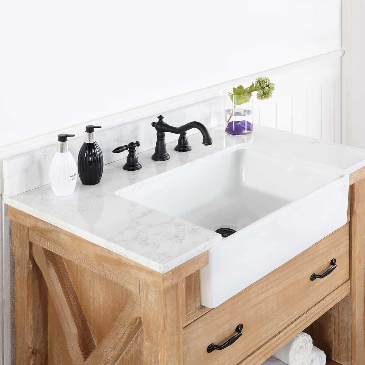 Vinnova Villareal 36 Inch Freestanding Single Bath Vanity in Weathered Pine with Composite Stone Top in White with White Farmhouse Basin Without Mirror Counter 701636-WP-GW-NM