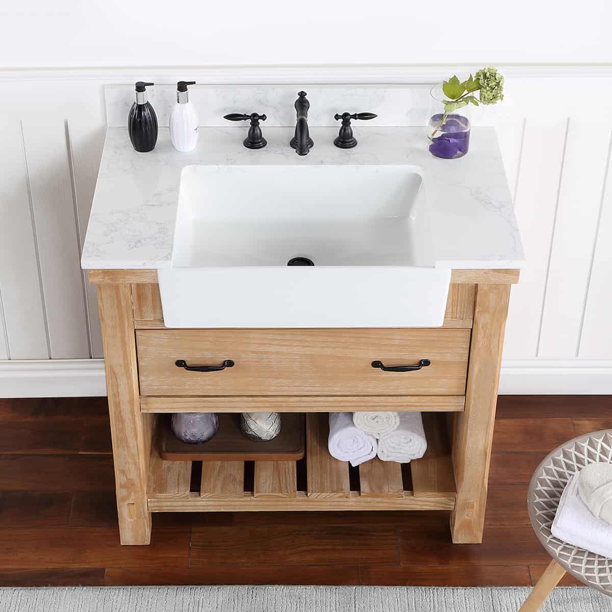 Vinnova Villareal 36 Inch Freestanding Single Bath Vanity in Weathered Pine with Composite Stone Top in White with White Farmhouse Basin Without Mirror Sink 701636-WP-GW-NM