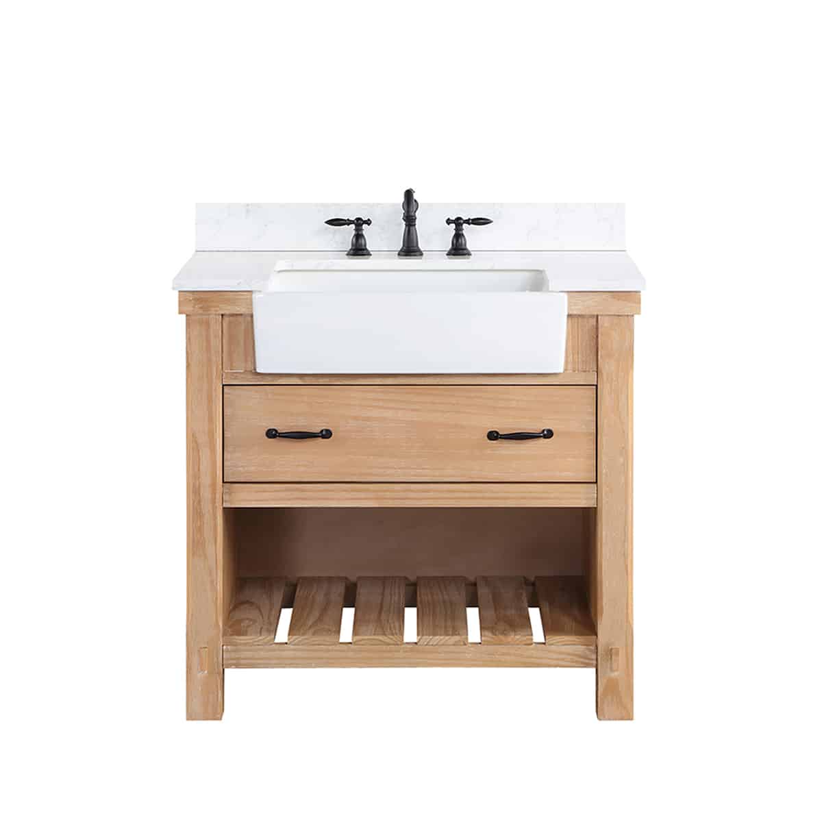 Vinnova Villareal 36 Inch Freestanding Single Bath Vanity in Weathered Pine with Composite Stone Top in White with White Farmhouse Basin Without Mirror 701636-WP-GW-NM
