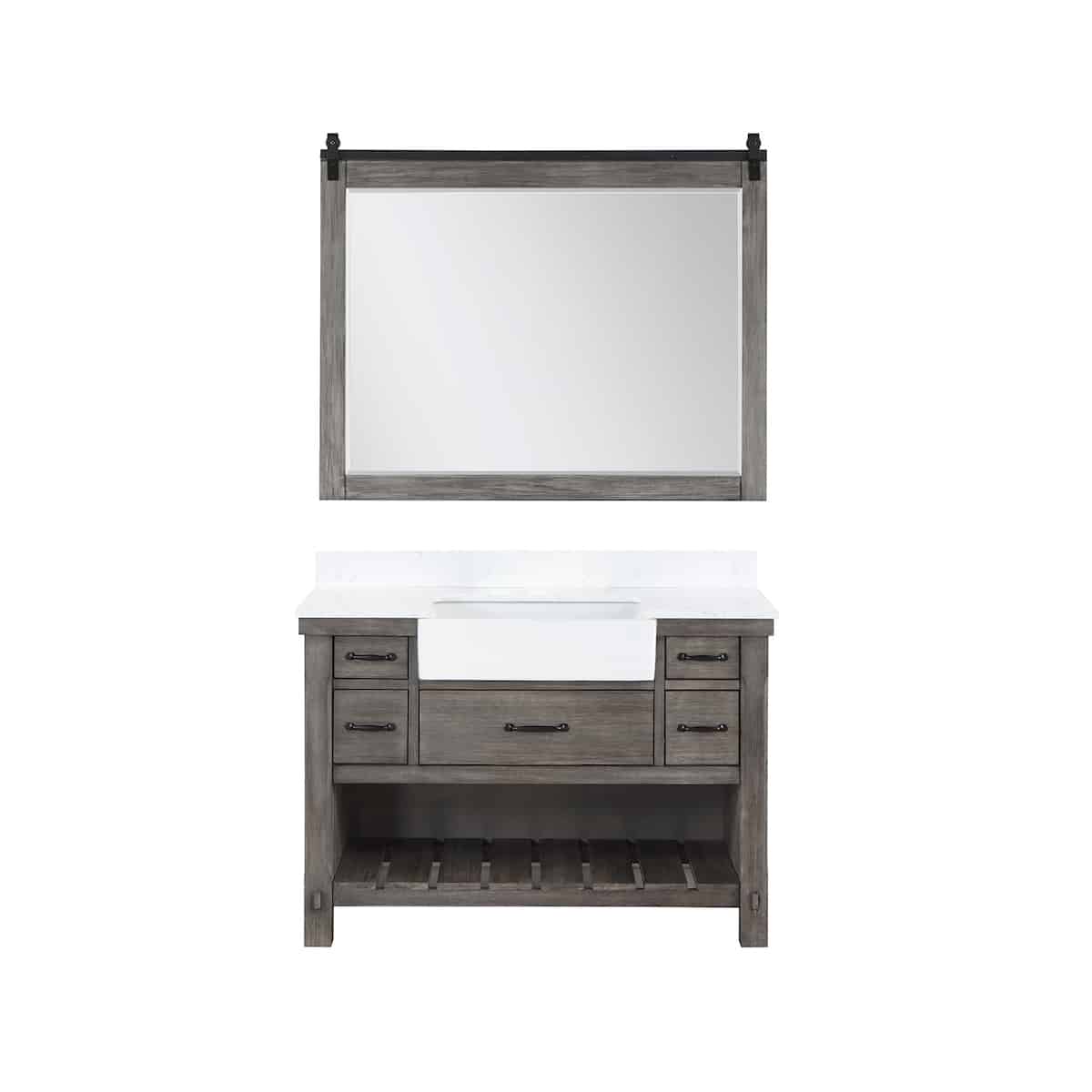 Vinnova Villareal 48 Inch Freestanding Single Bath Vanity in Classical Grey with Composite Stone Top in White with White Farmhouse Basin With Mirror 701648-CR-GW