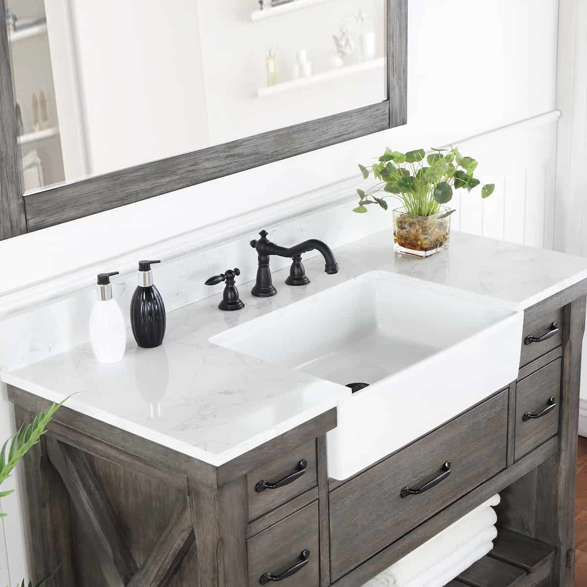 Vinnova Villareal 48 Inch Freestanding Single Bath Vanity in Classical Grey with Composite Stone Top in White with White Farmhouse Basin With Mirror Counter 701648-CR-GW