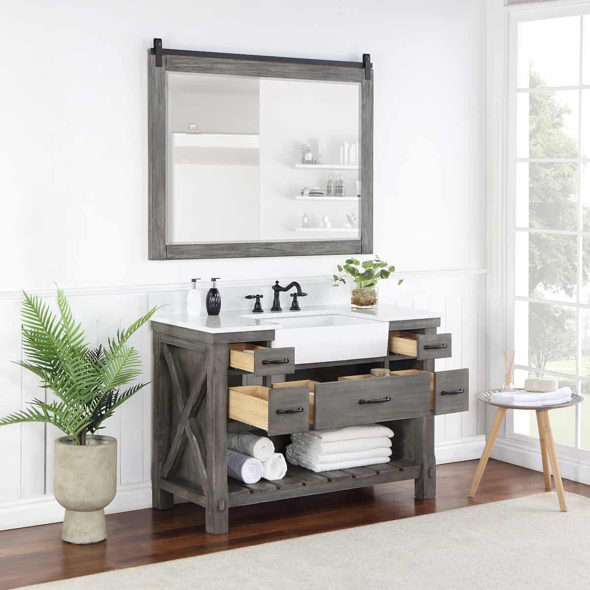 Vinnova Villareal 48 Inch Freestanding Single Bath Vanity in Classical Grey with Composite Stone Top in White with White Farmhouse Basin With Mirror Inside 701648-CR-GW