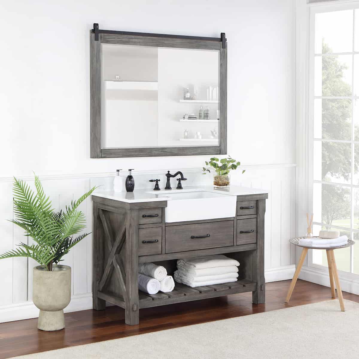 Vinnova Villareal 48 Inch Freestanding Single Bath Vanity in Classical Grey with Composite Stone Top in White with White Farmhouse Basin With Mirror Side 701648-CR-GW