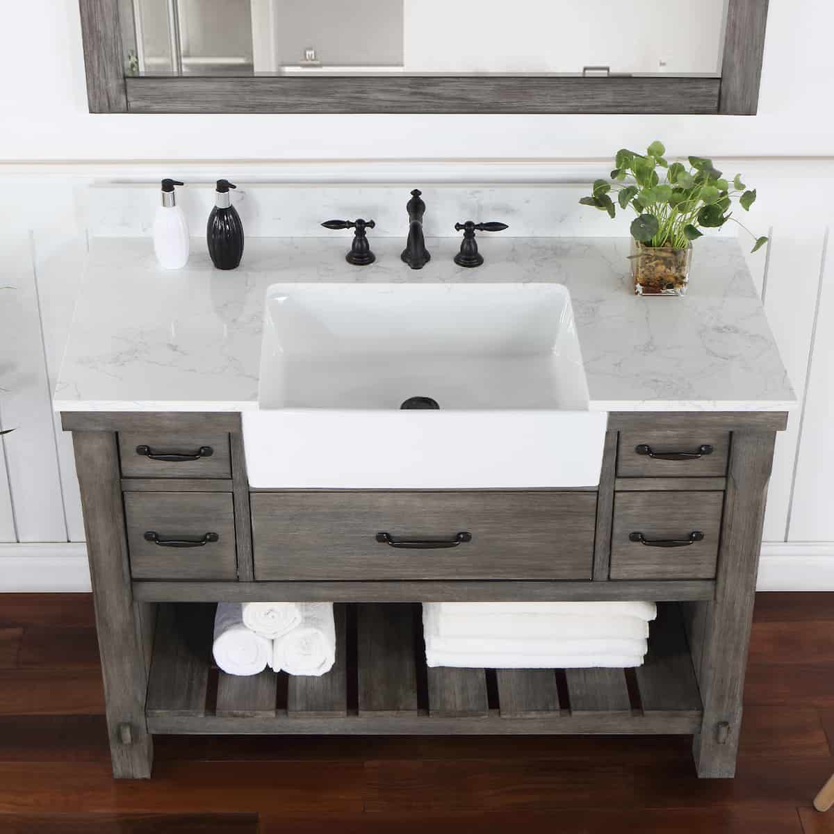 Vinnova Villareal 48 Inch Freestanding Single Bath Vanity in Classical Grey with Composite Stone Top in White with White Farmhouse Basin With Mirror Sink 701648-CR-GW