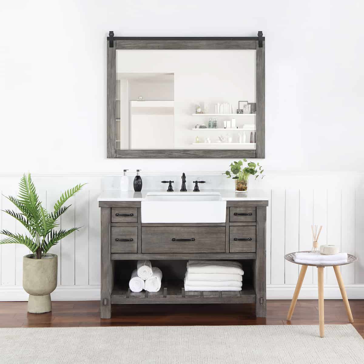 Vinnova Villareal 48 Inch Freestanding Single Bath Vanity in Classical Grey with Composite Stone Top in White with White Farmhouse Basin With Mirror in Bathroom 701648-CR-GW